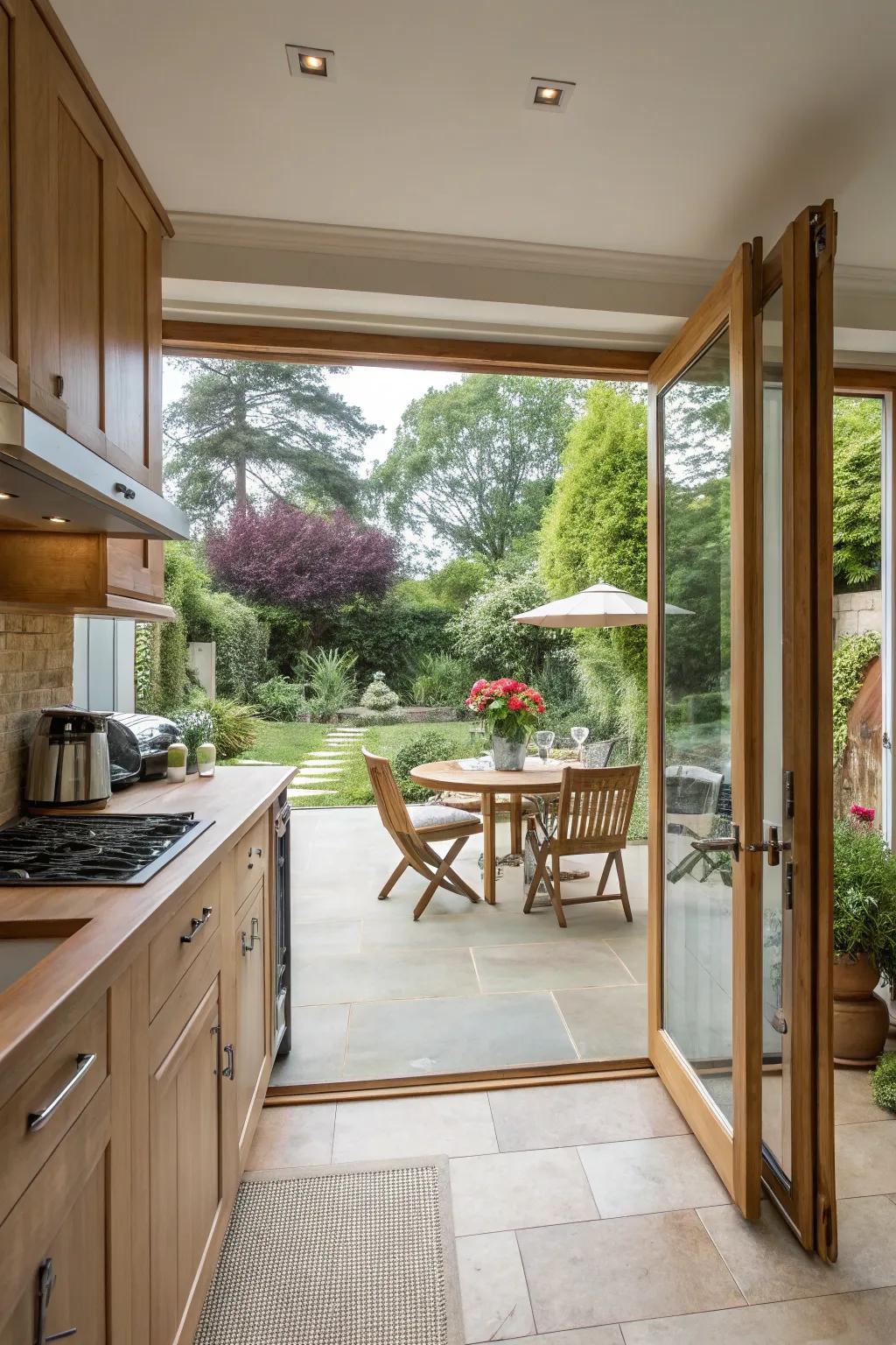 A seamless transition between indoor and outdoor spaces in the kitchen.