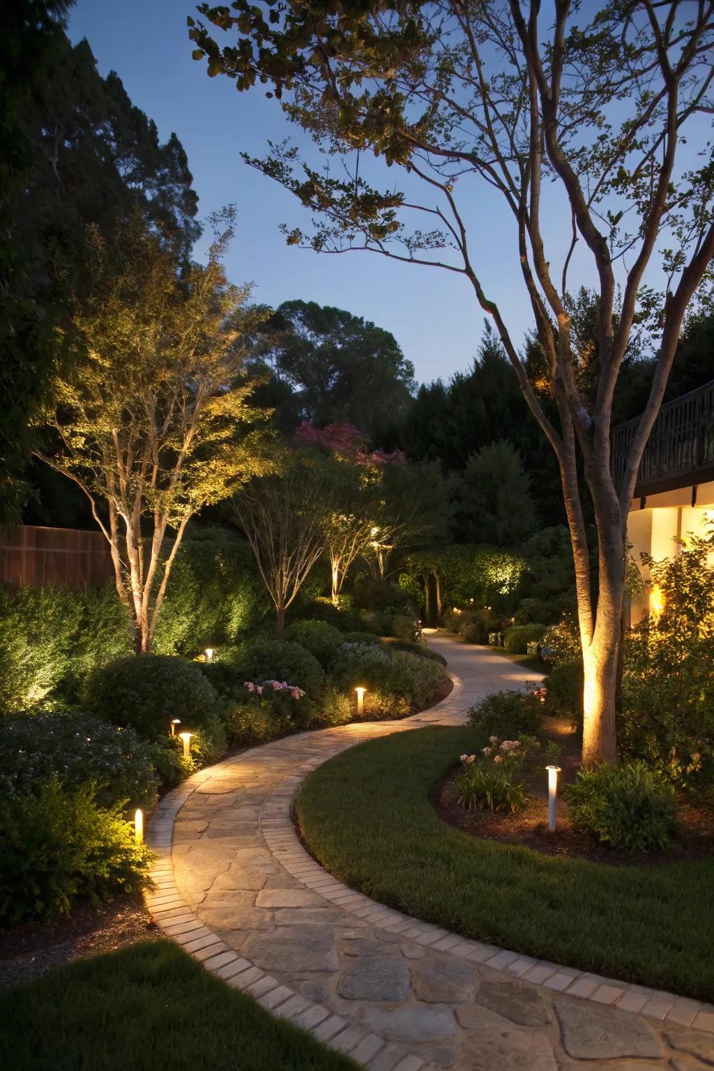 Exterior lighting wonderfully transforms gardens during nighttime.