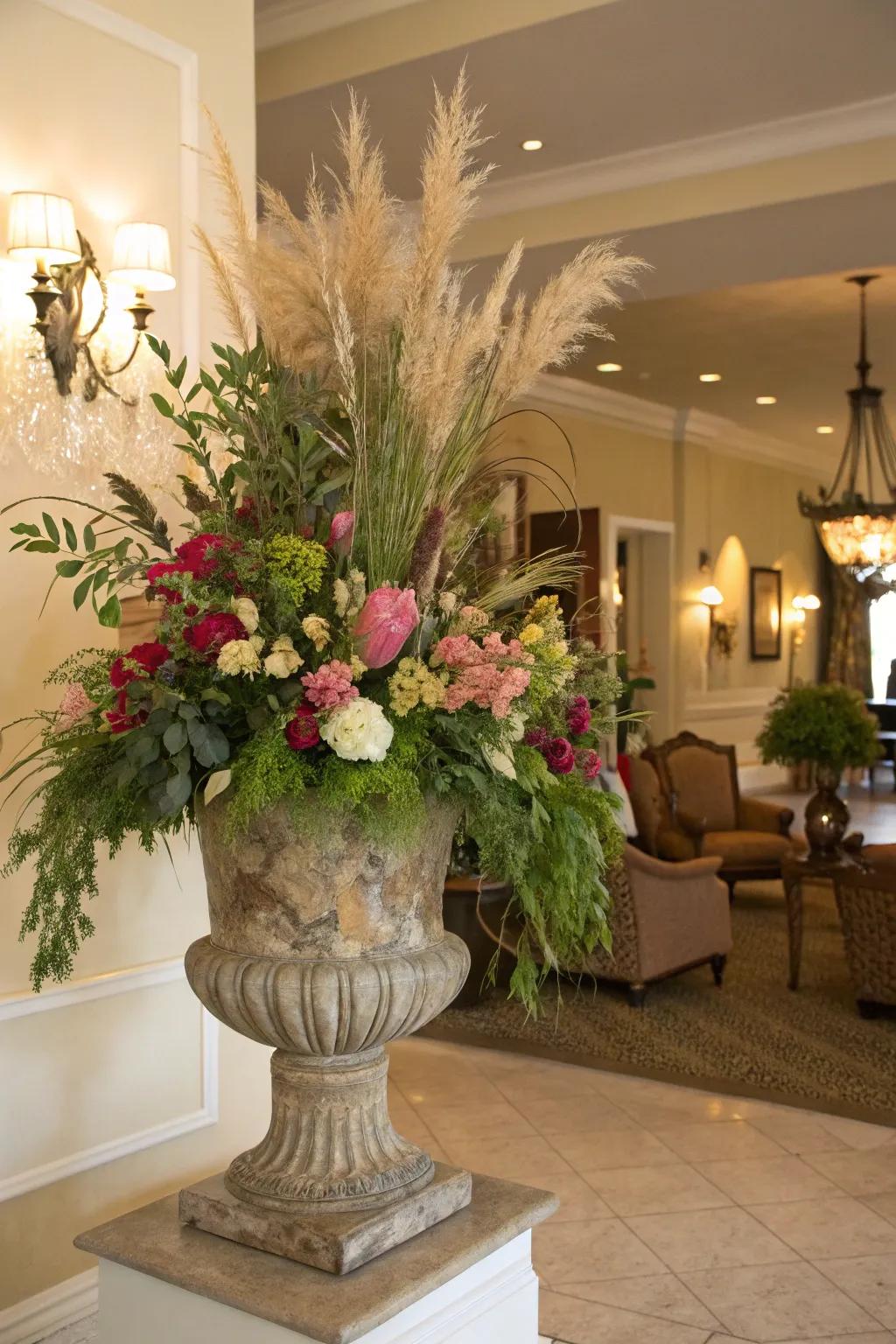 Garden urns indoors engender a grandiose floral pronouncement.