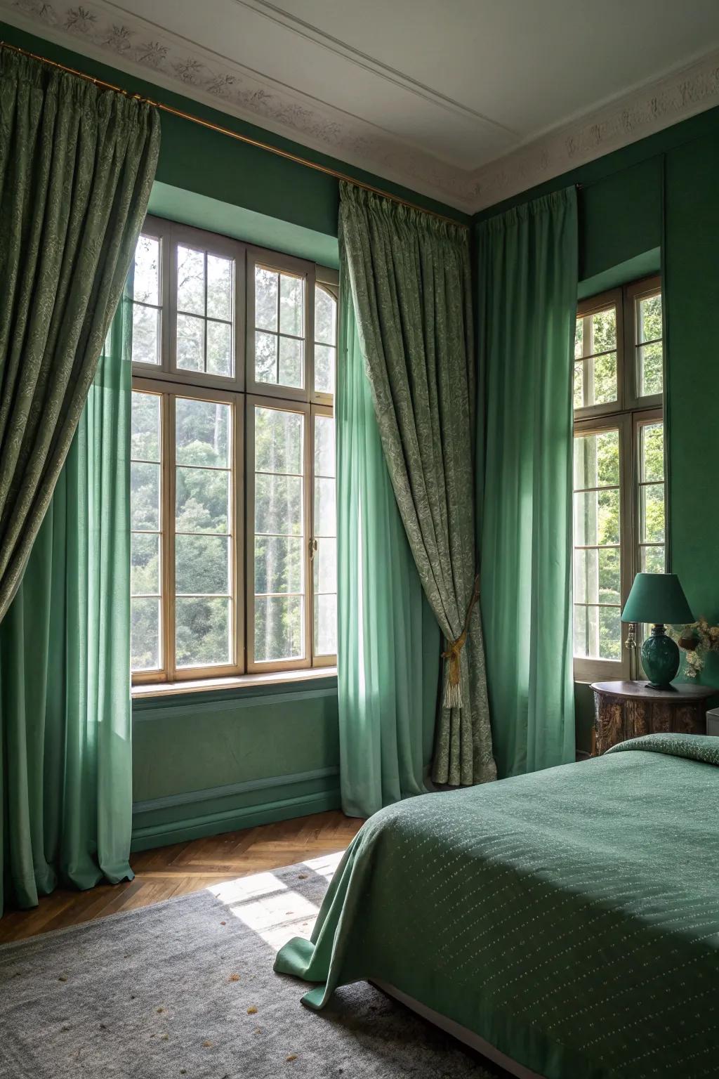 Layered curtains add softness and light control to a green bedroom.