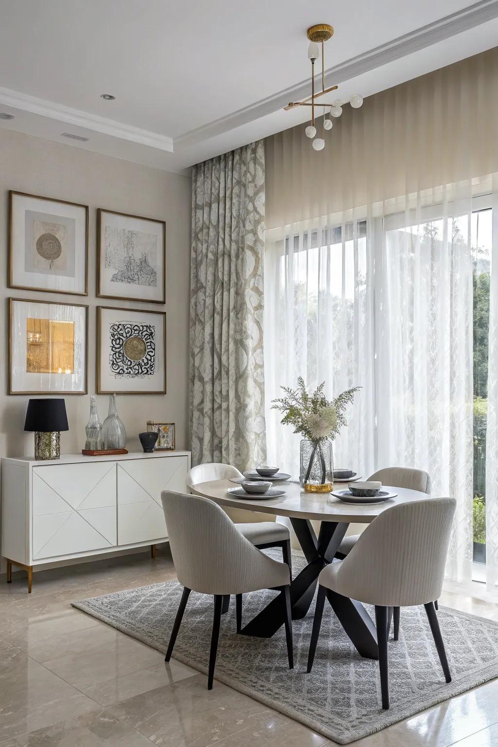 Minimalist grommet drapes supply a smooth appearance in this modern dining room.