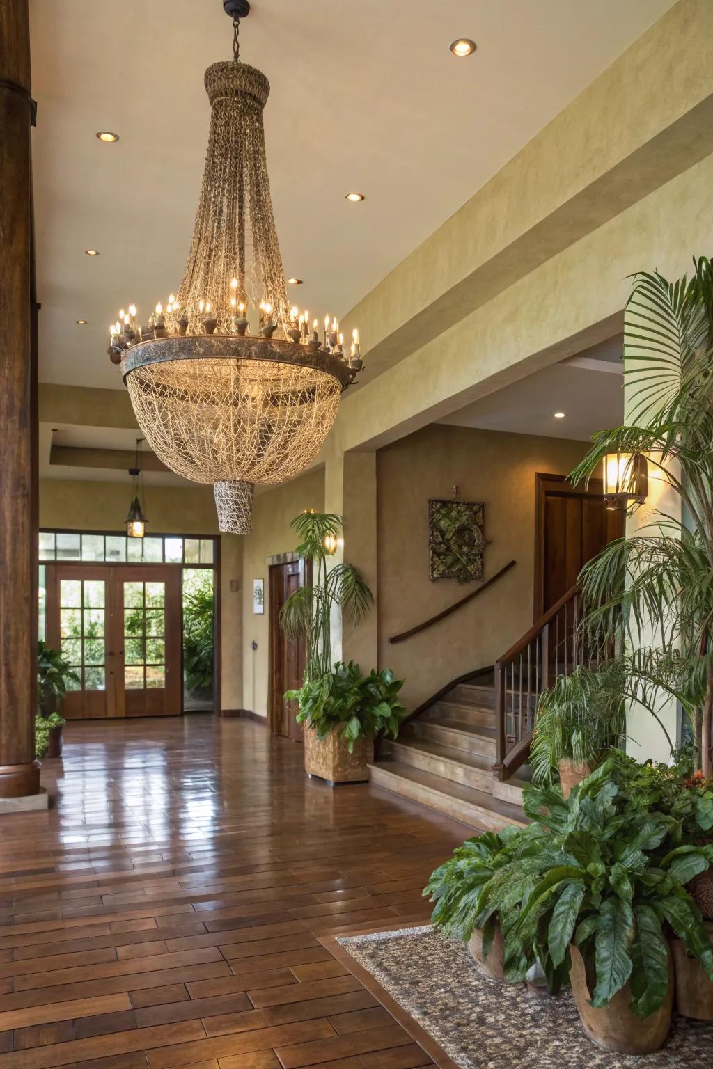 An eco-conscious chandelier adds a sustainable feel to this foyer.