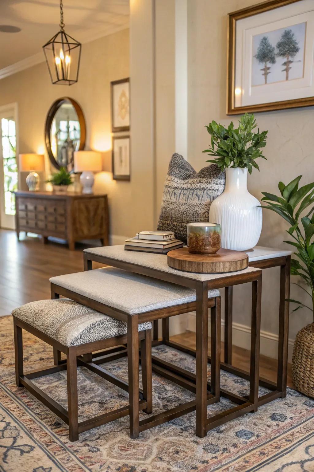 Stacking tables can save space and add charm to a foyer.