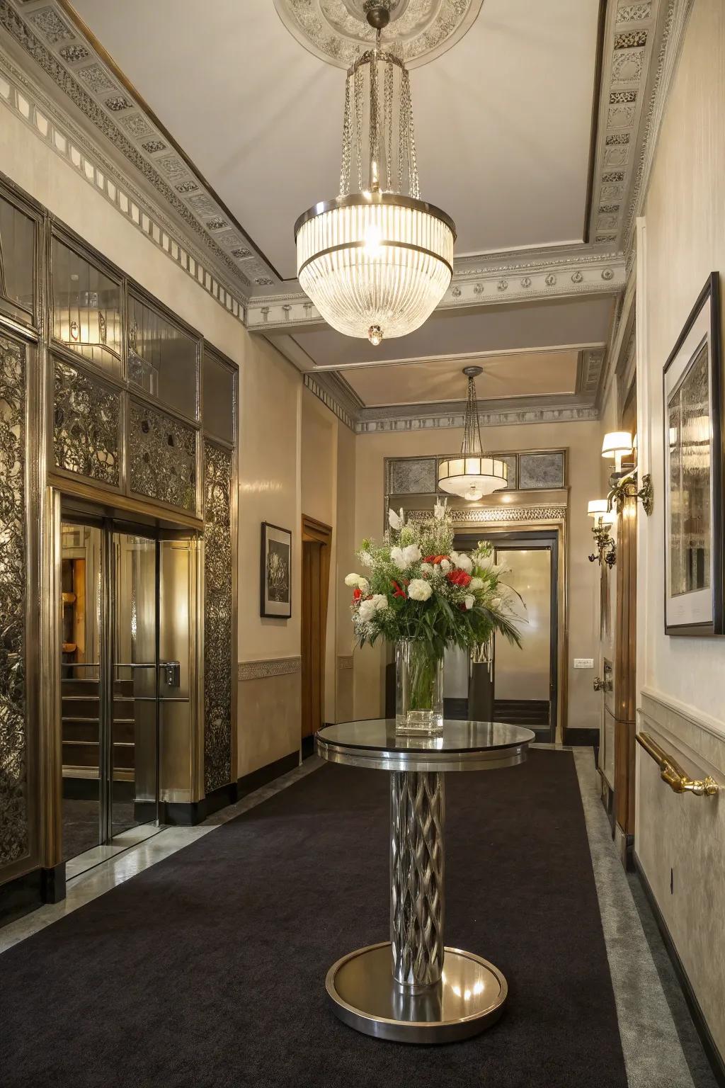 Metallic touches add a luxurious feel to the foyer.