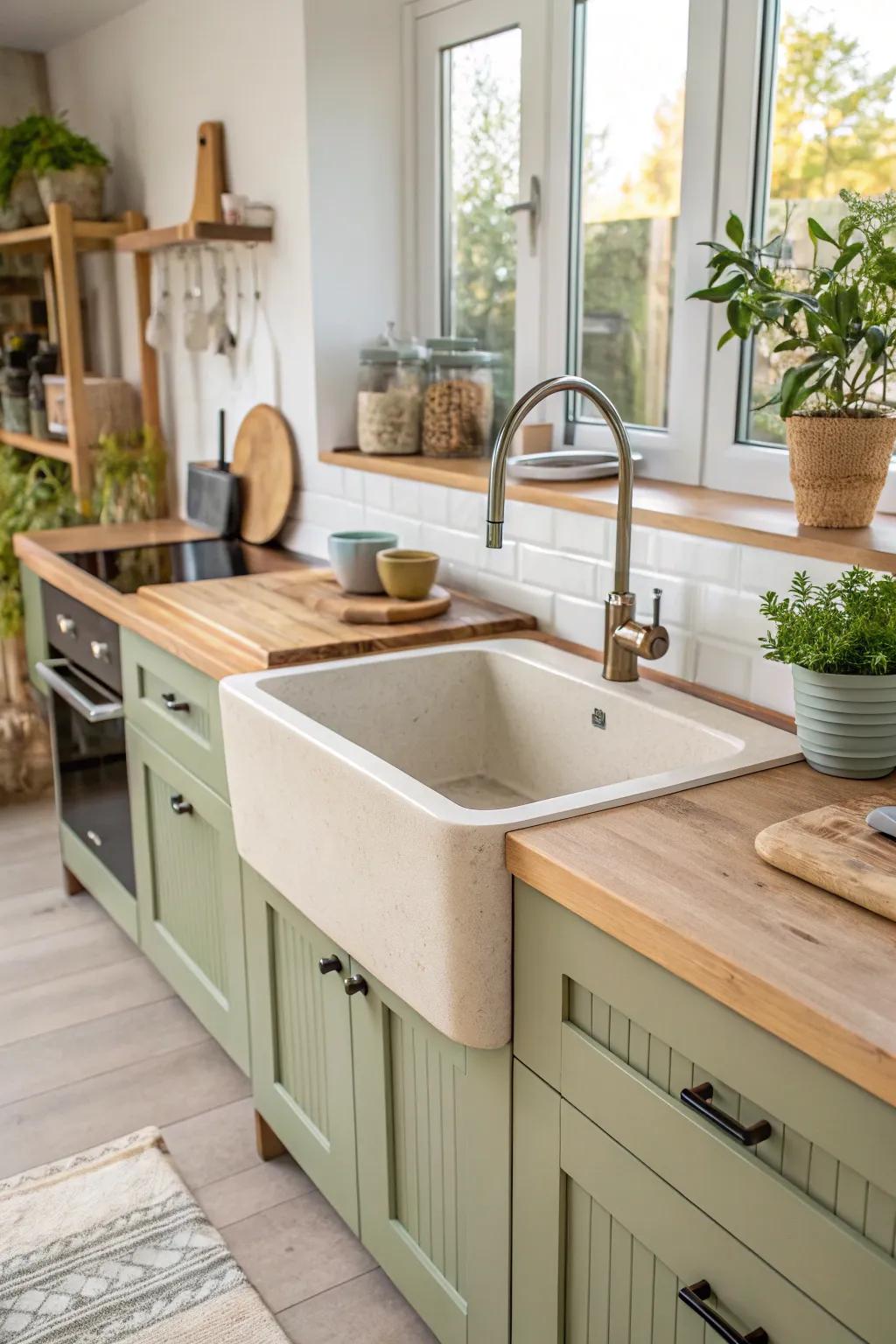 An eco-friendly kitchen featuring a sustainably made stand-alone sink.