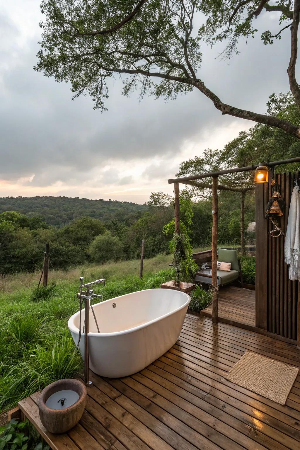 An exterior detached tub and shower setup immersed in natural beauty.