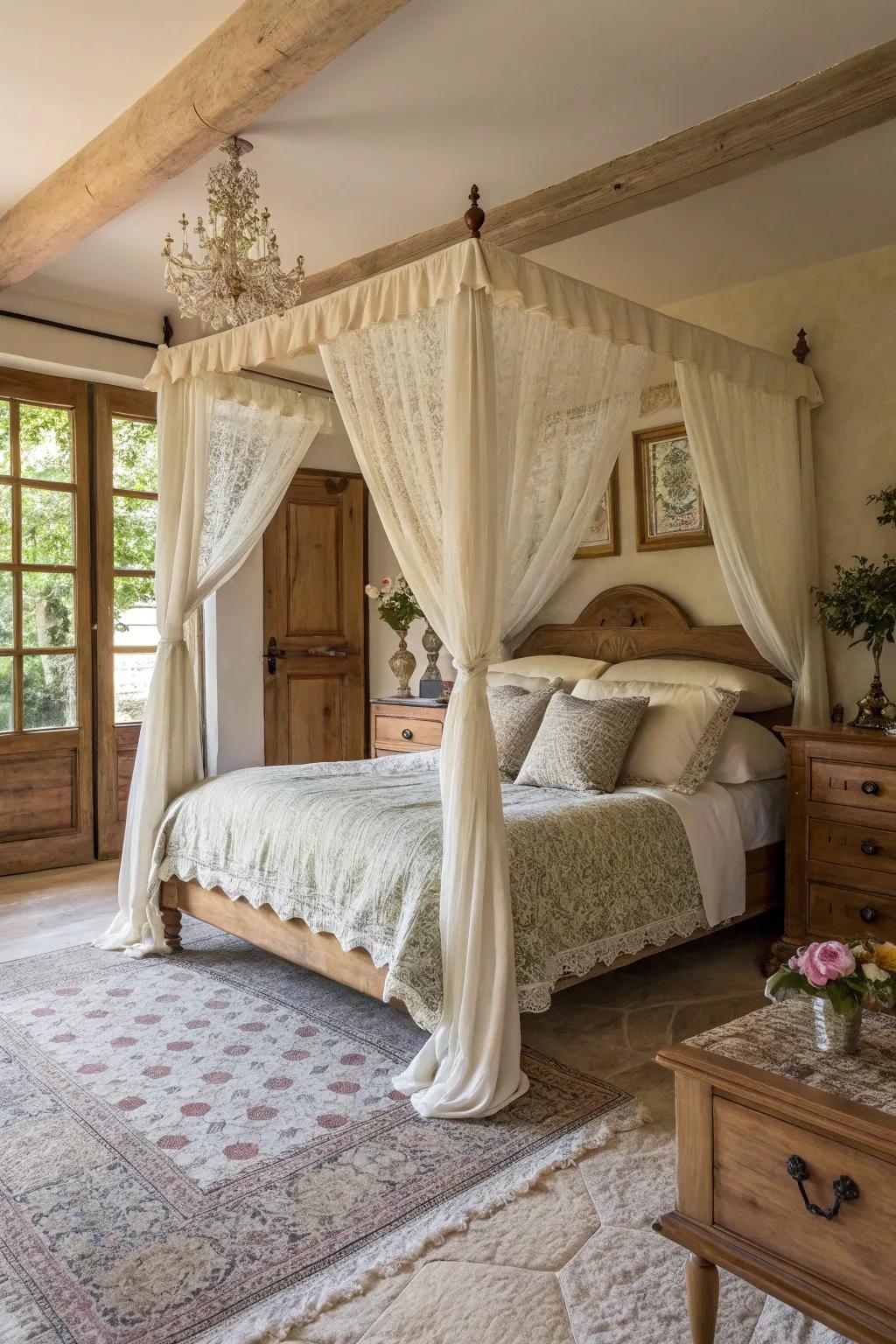 A draped bed imparts a romantic and majestic element.