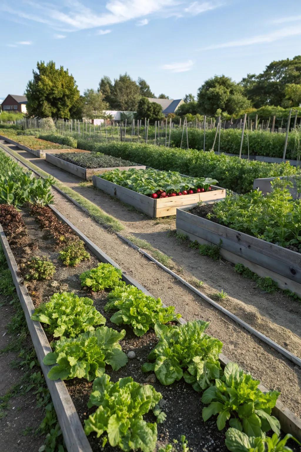 A productive vegetable garden benefiting from well-drained soil near a French drain.