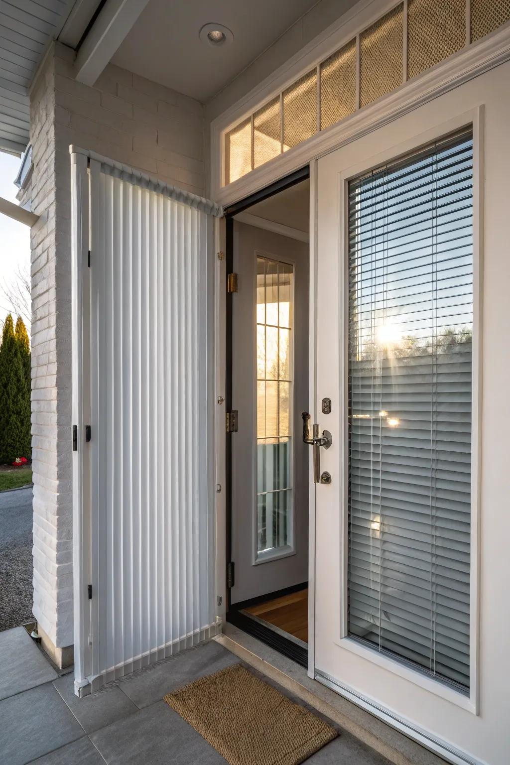 Upright window blinds create a chic and modern aesthetic.