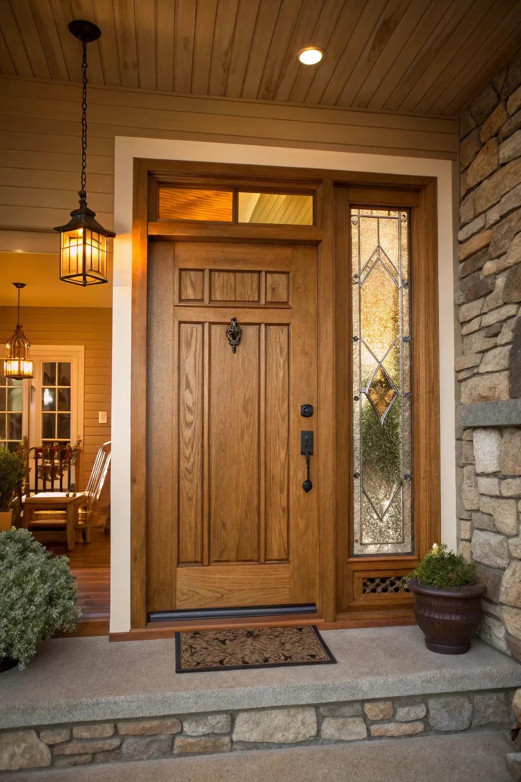 Warm woodgrain textures for an inviting and cozy entrance.