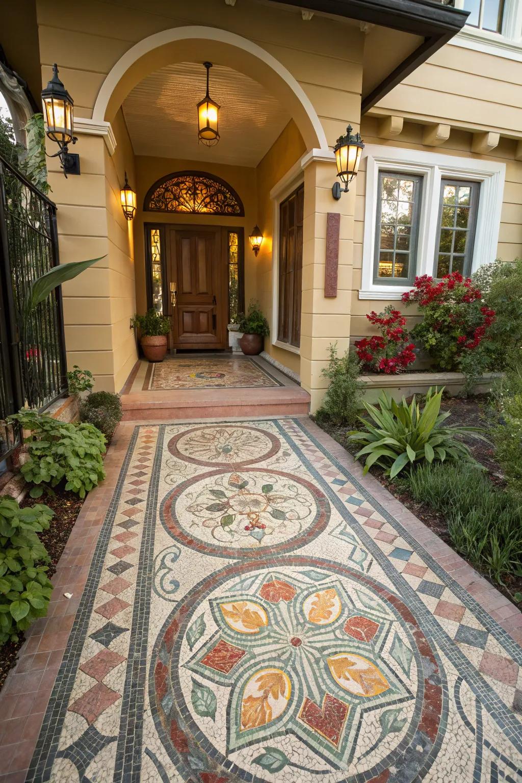 Creative mosaic pavers for a creative entrance.