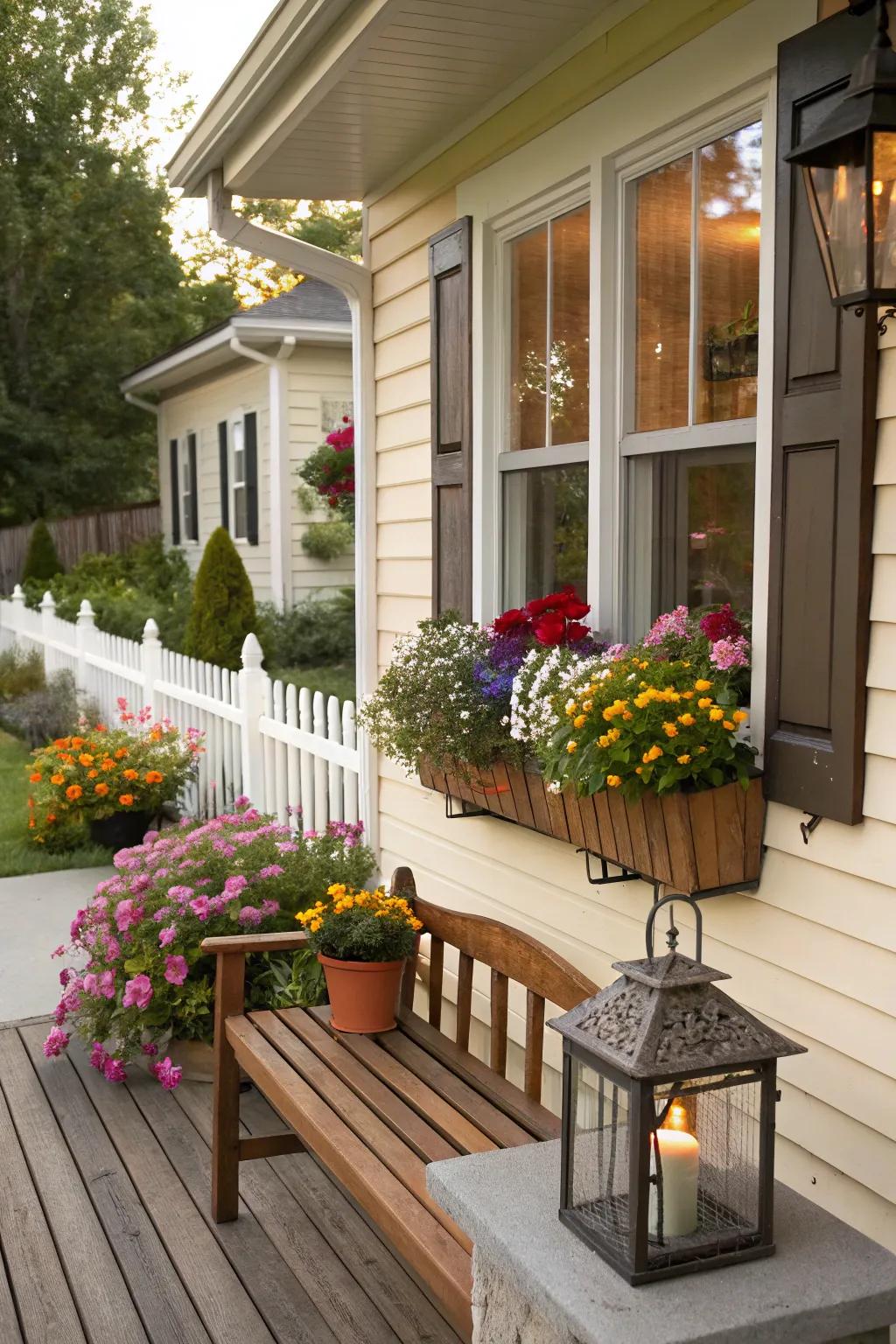 Window boxes filled with vibrant flowers on a front porch.