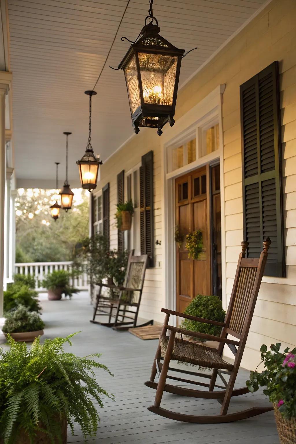 Classic charm with hanging lanterns.