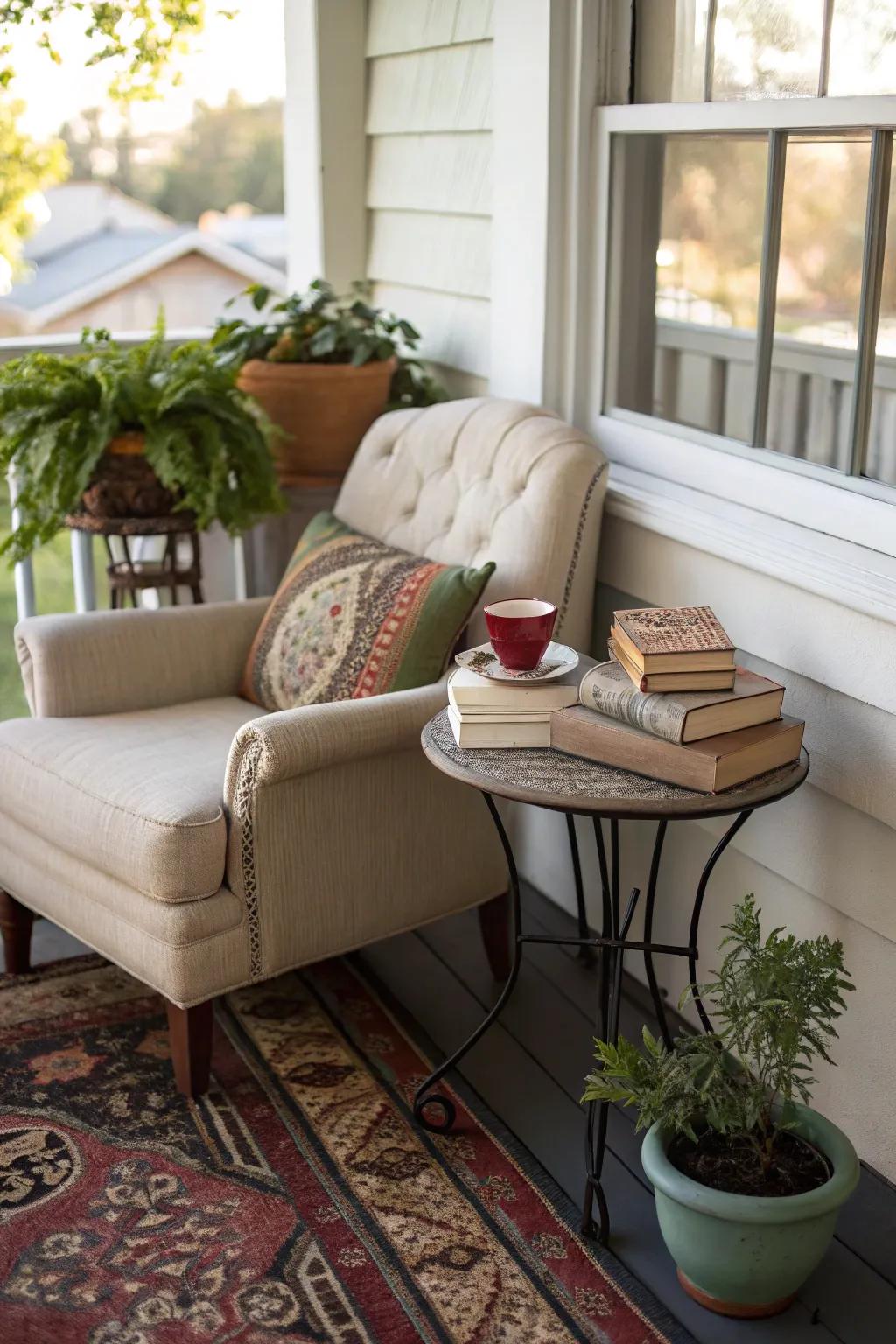 A reading nook offers a peaceful escape.
