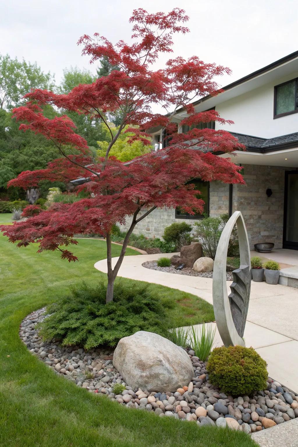 The landscape around the Japanese maple is enhanced by sculptural components that add a personal and artistic touch.