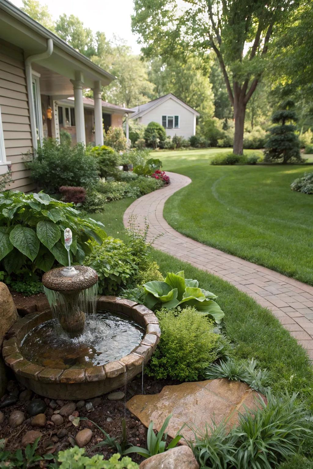 A peaceful water feature brings a calming aspect to the yard.