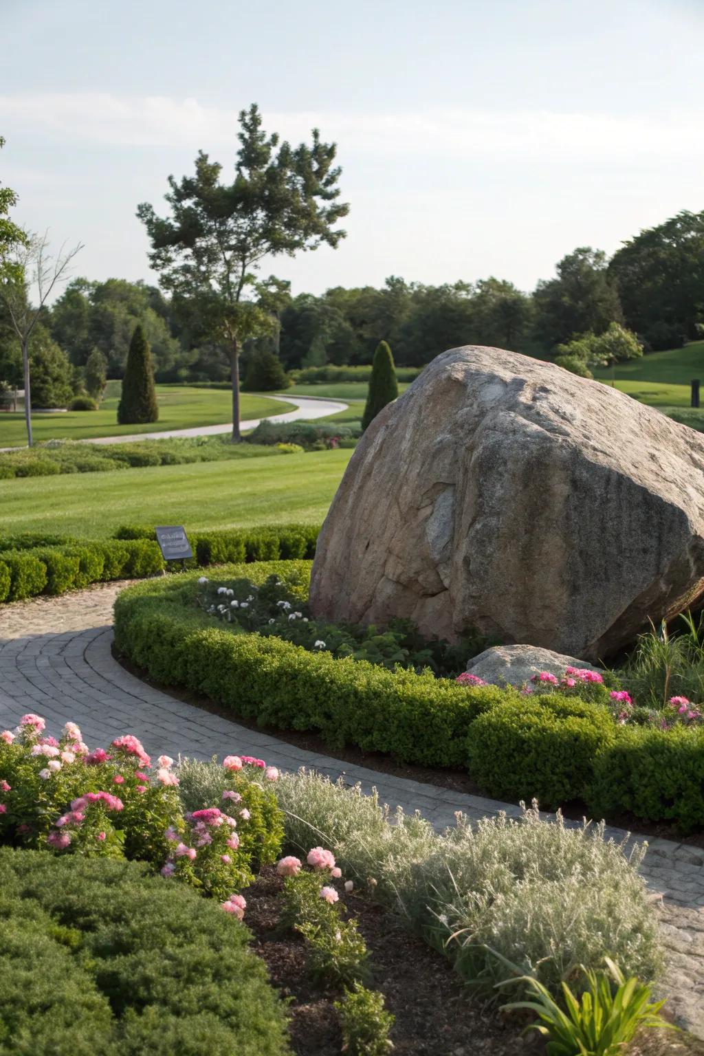 A striking solitary boulder claims attention in the garden.