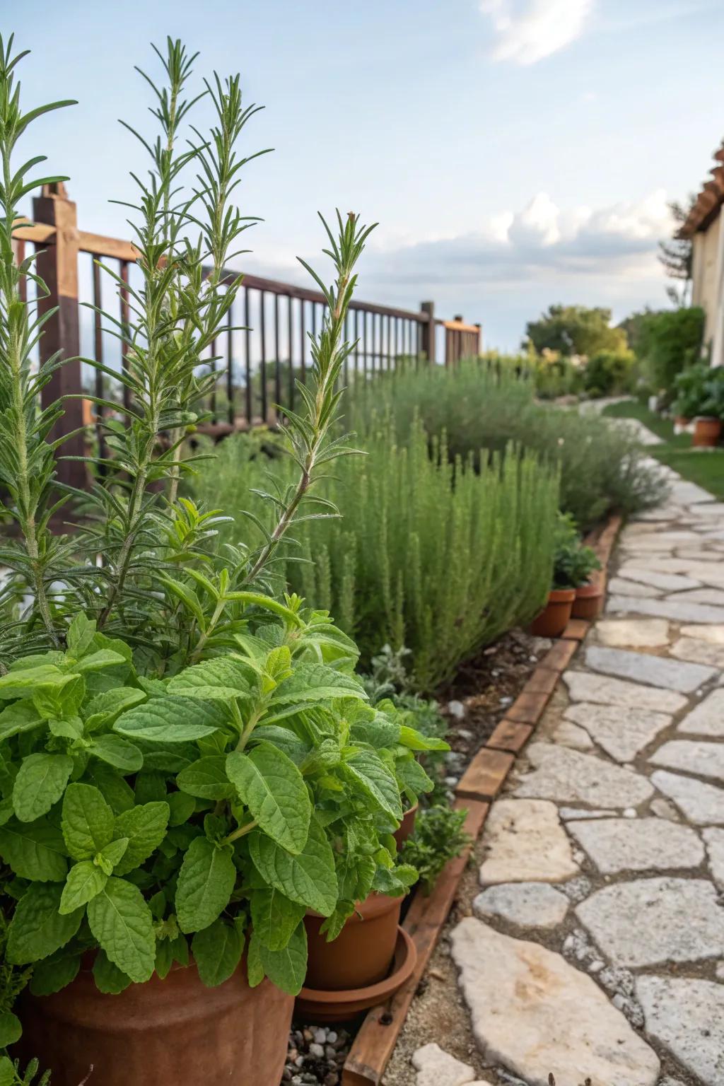 Fragrant rosemary and mint deliver both aroma and practical value to this garden.