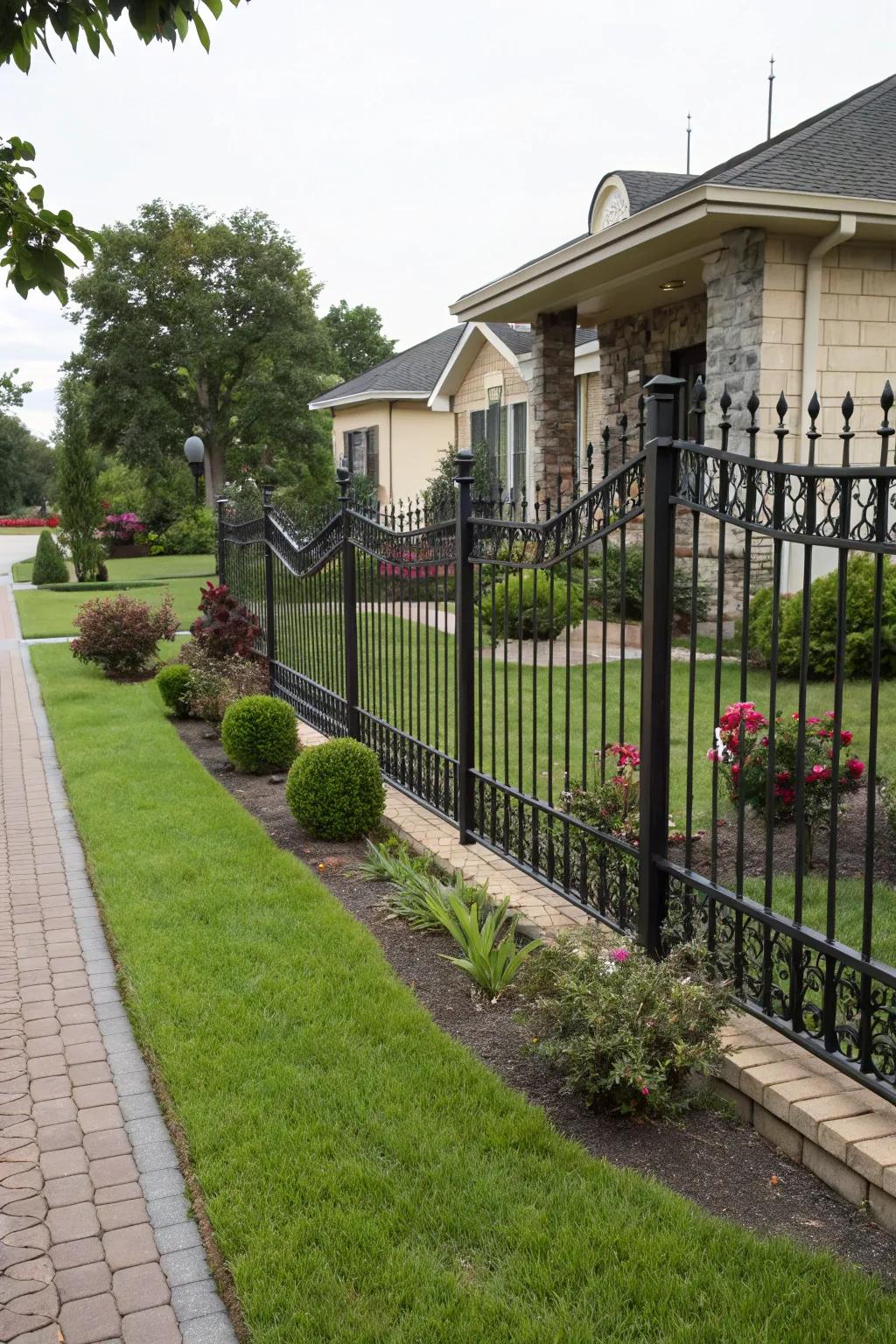 A closed metallic barrier ensuring privacy in a stylish front yard.
