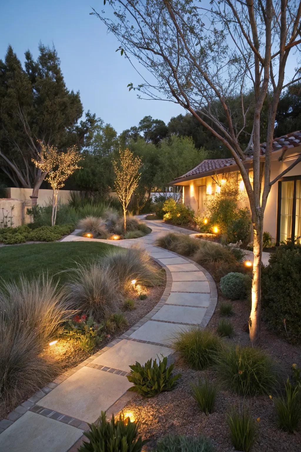 Mood lighting improving the beauty and safety of a xeriscaped garden.