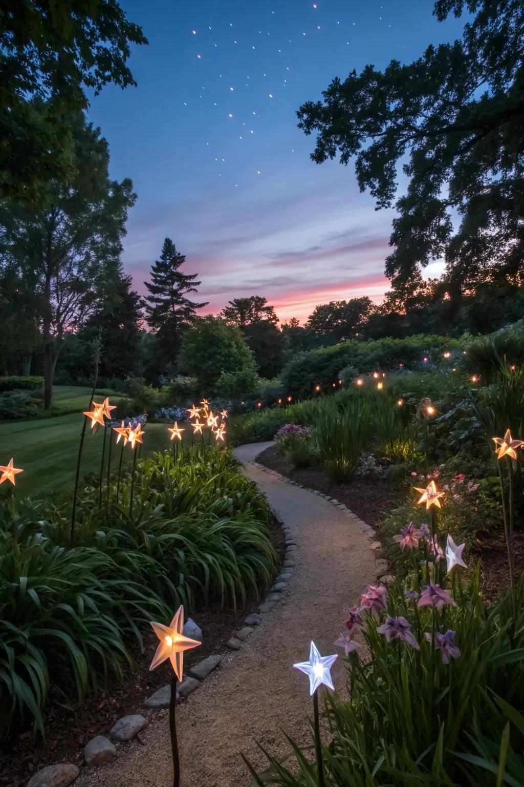 Starry accents transforming the garden into a night sky wonder.