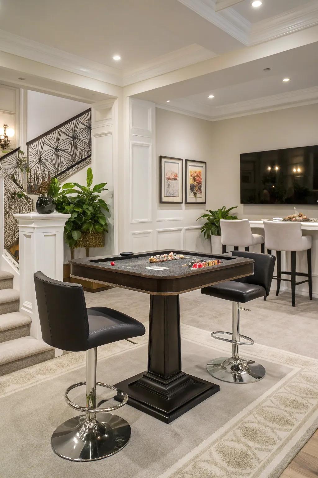 Trendy bar stools give a modern touch to high-top gaming setups.
