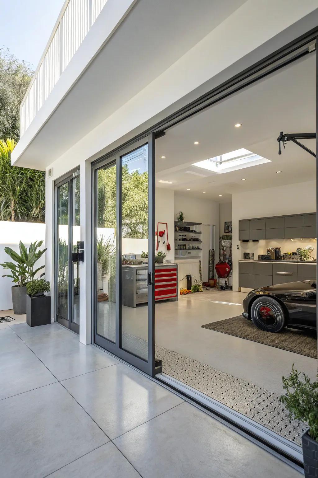 A garage that has good-looking and practical glass doors.