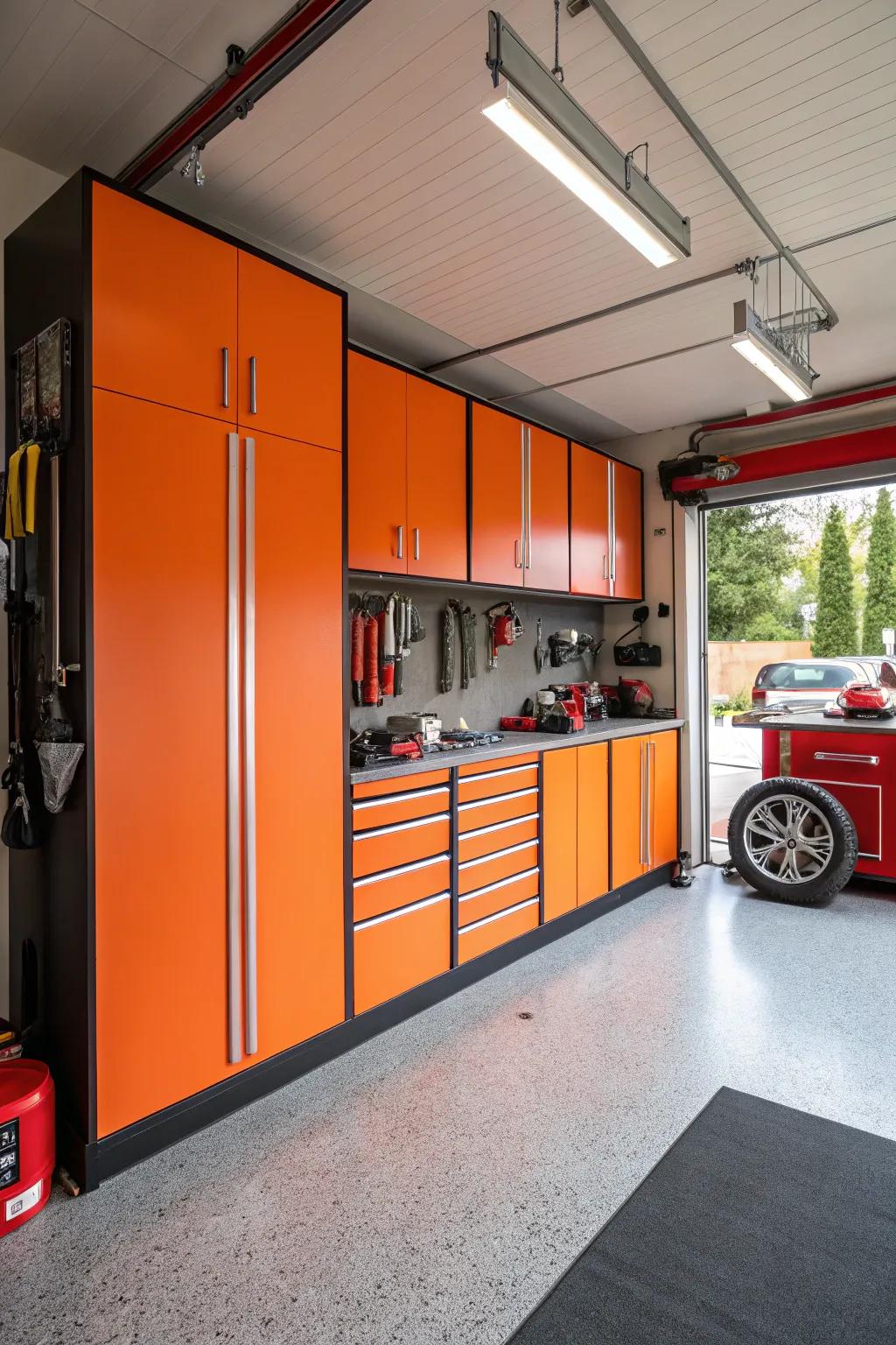 Lively tangerine cabinets create a dynamic influence.