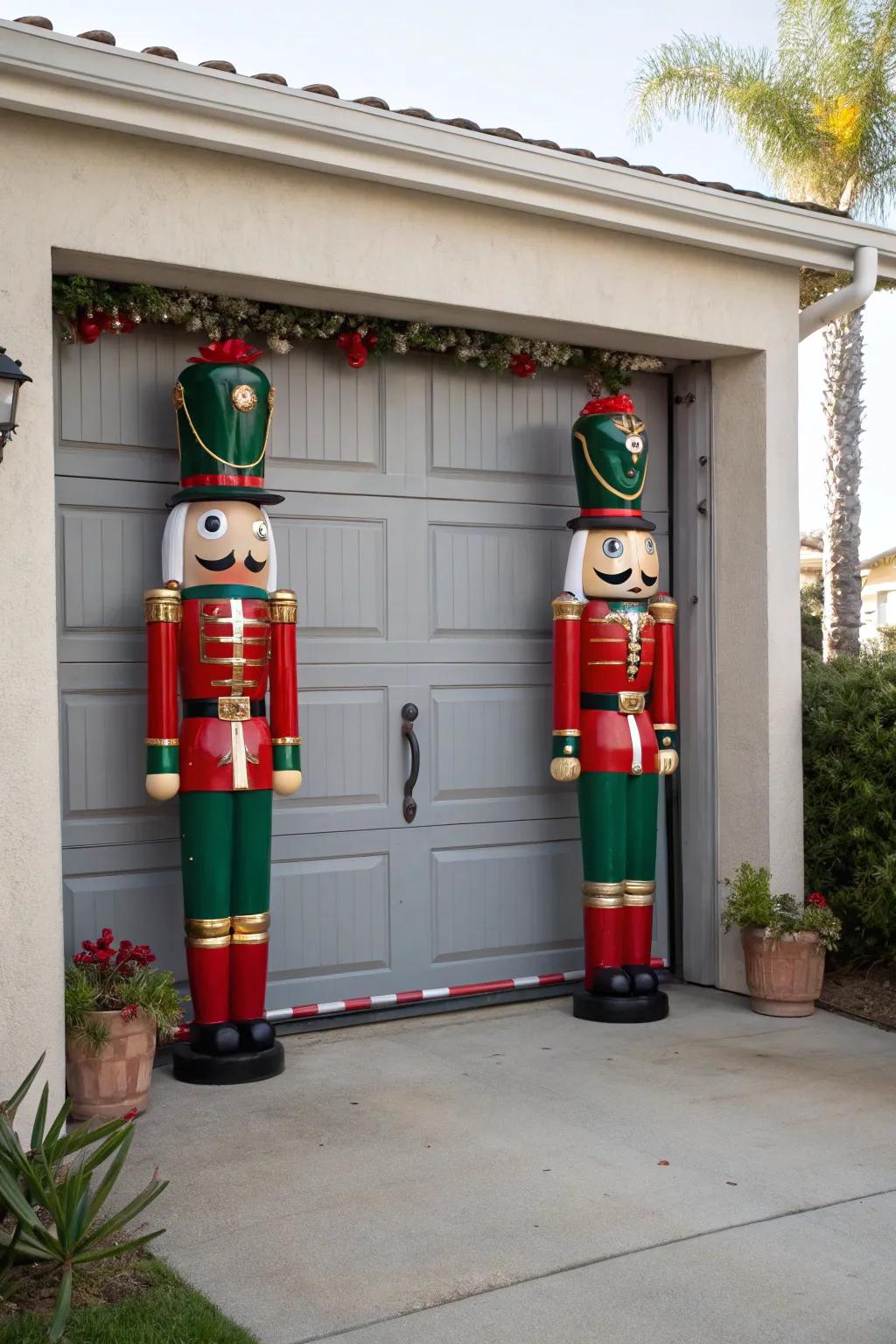 Garage door bordered by tall nutcracker figures.