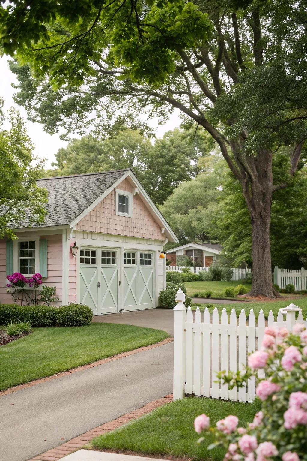 Gentle pastel garage entrances add a delicate and inviting charm.