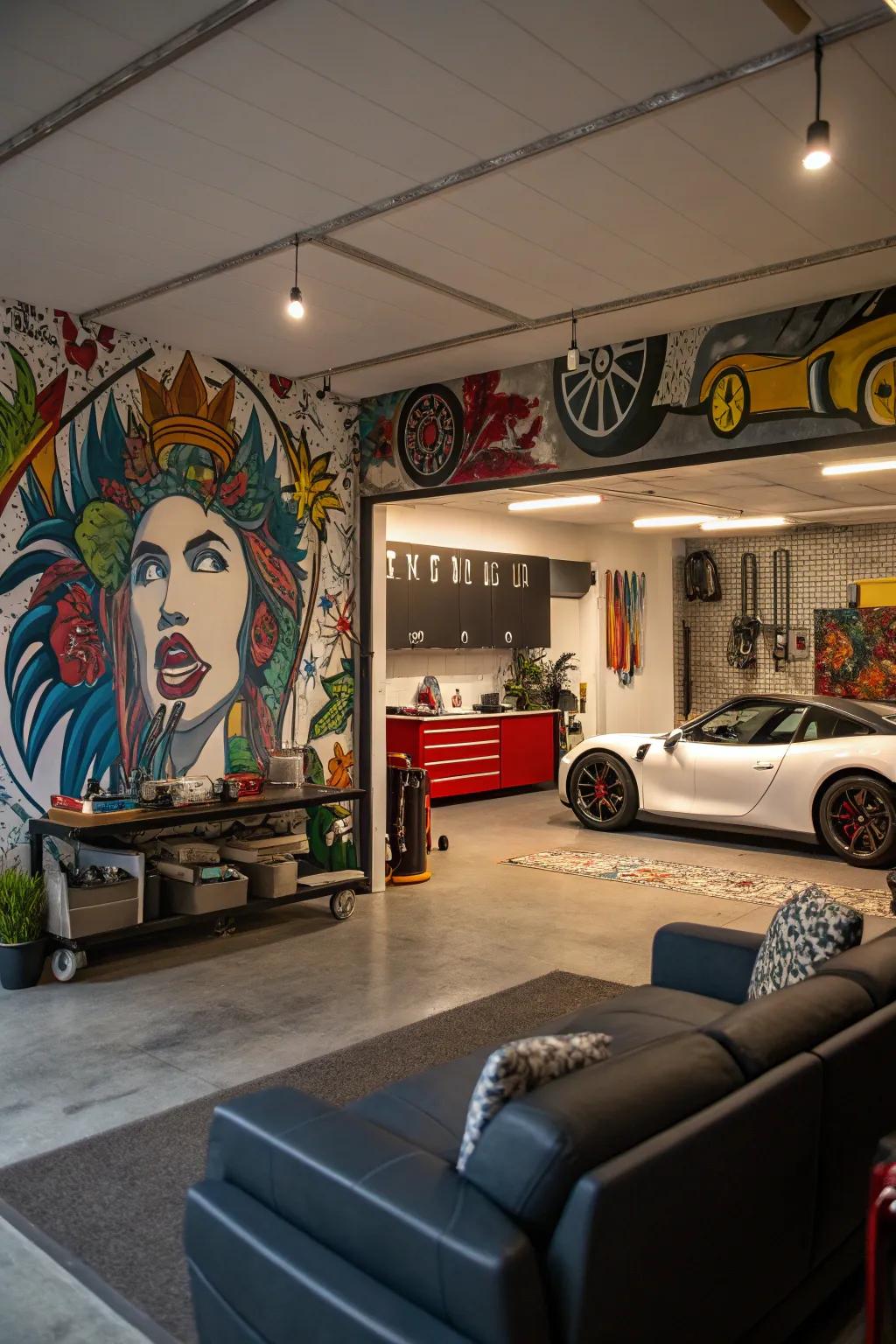 Decorative elements give the garage space personality.