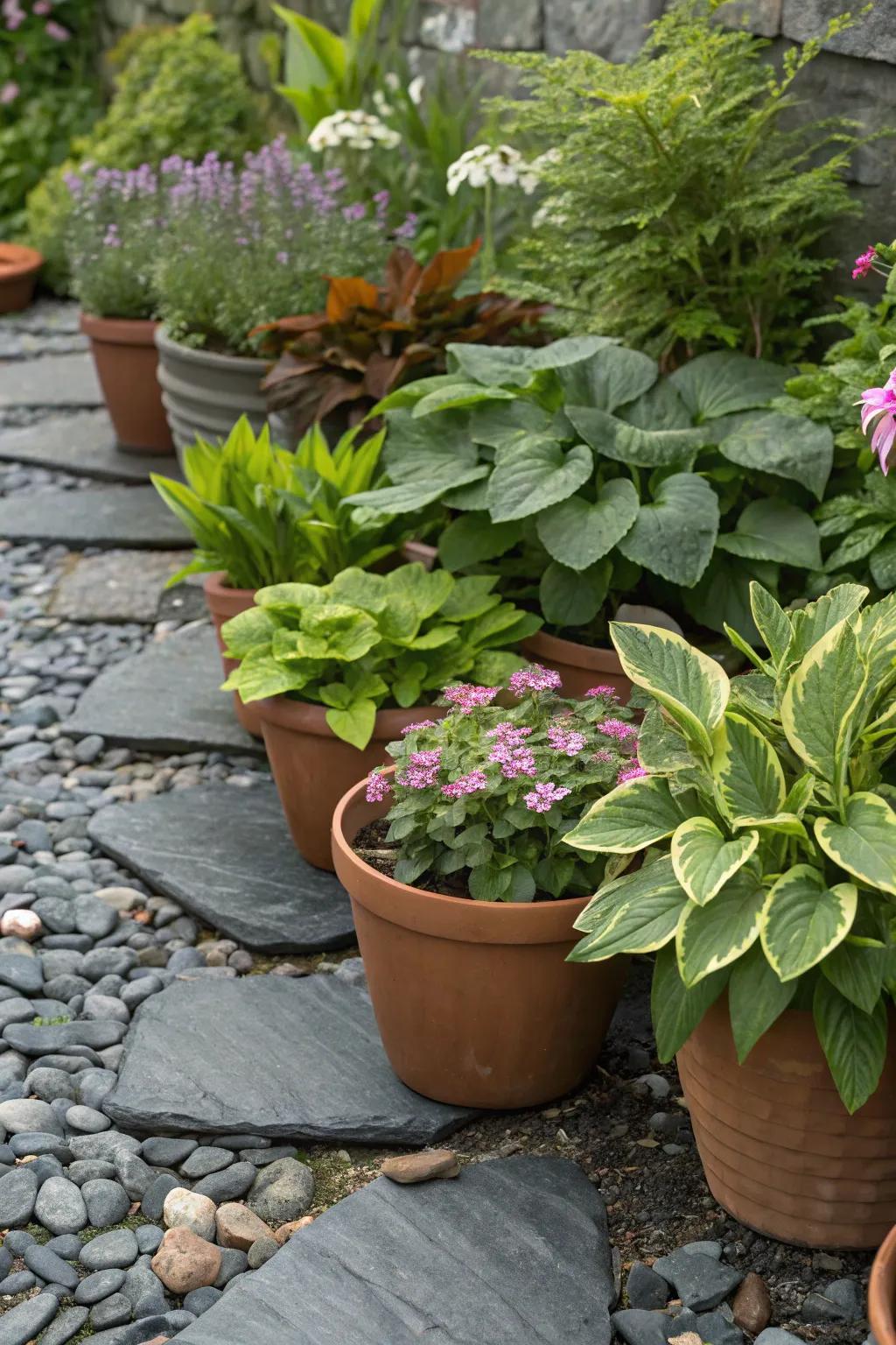 Concoct a stylish pot garden utilizing stone fragments as a foundation.