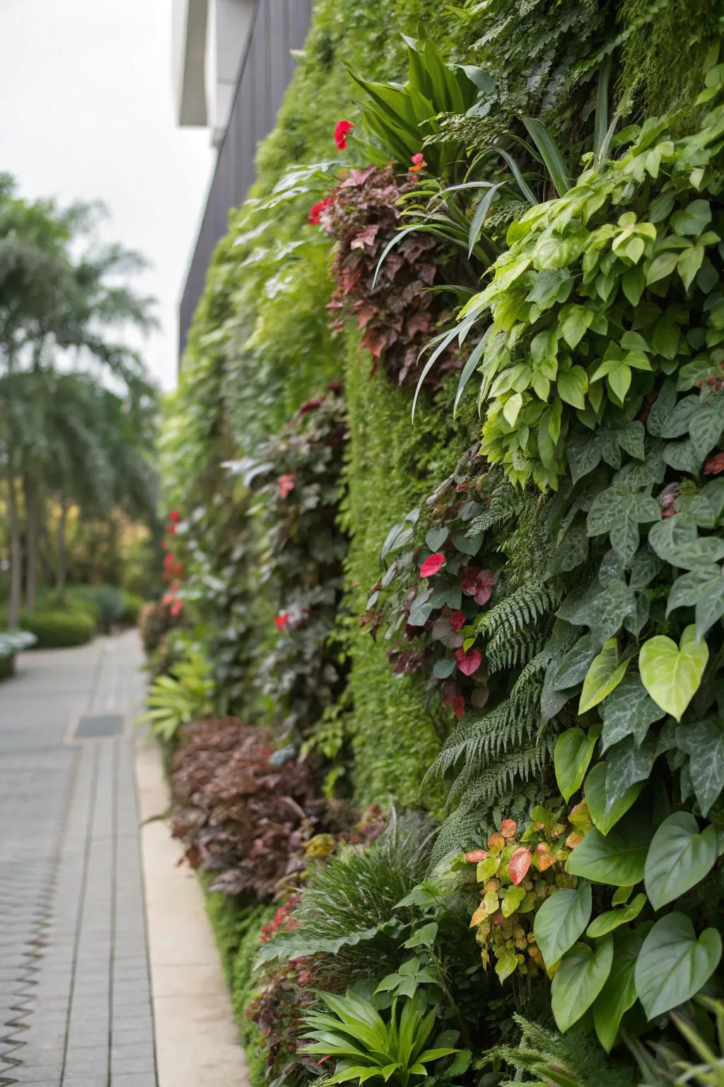 An abundant vertical garden wall showcasing a variety of vibrant flora.