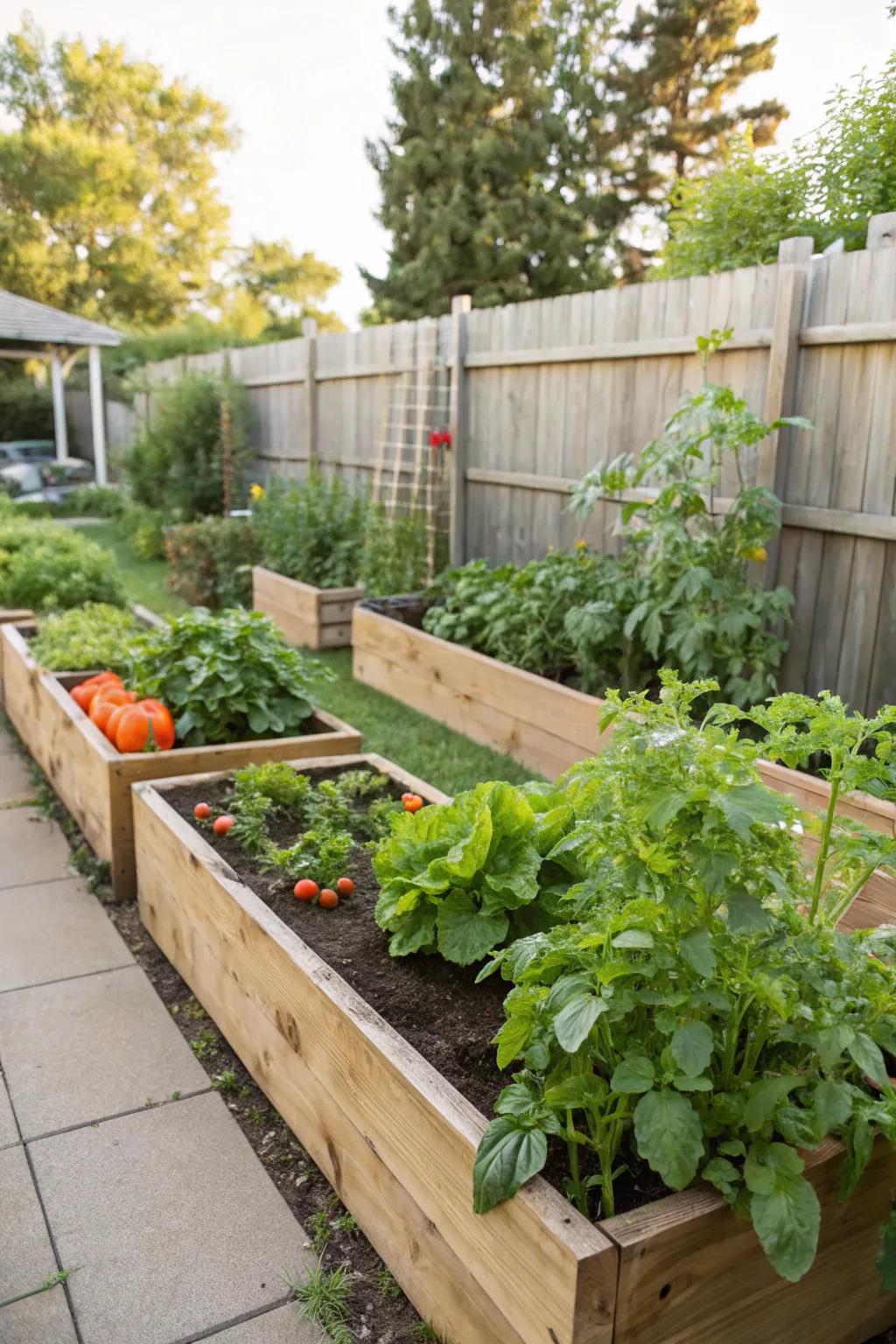 Elevated garden beds packed with flourishing veggies.