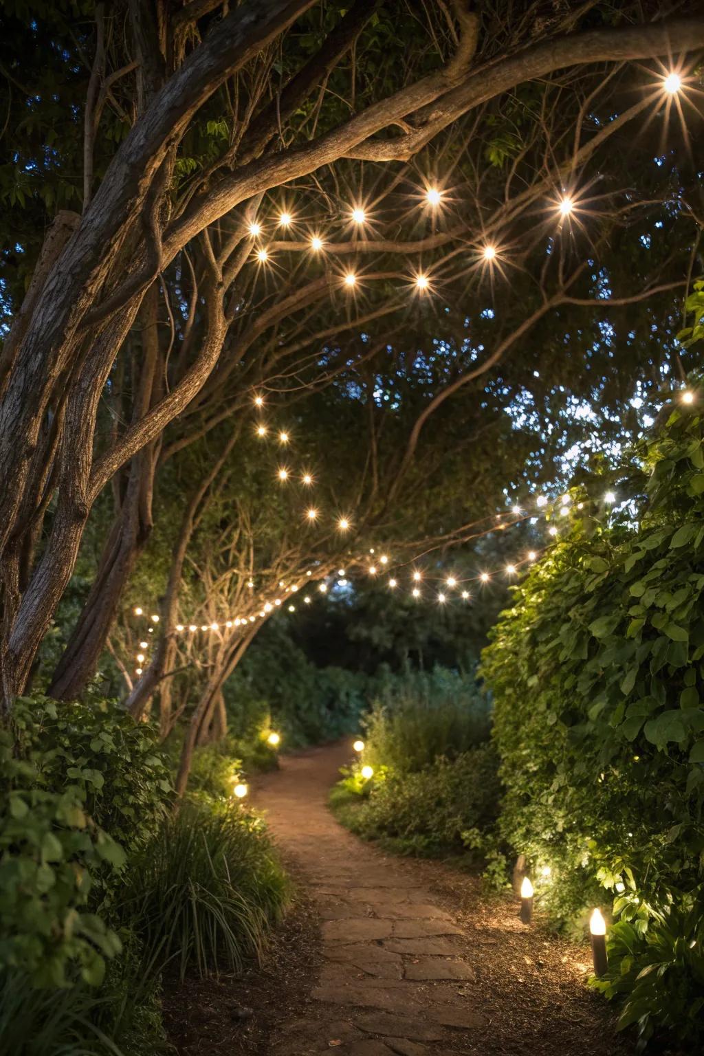 Twinkling fairy lights conjure a magical atmosphere in the garden.
