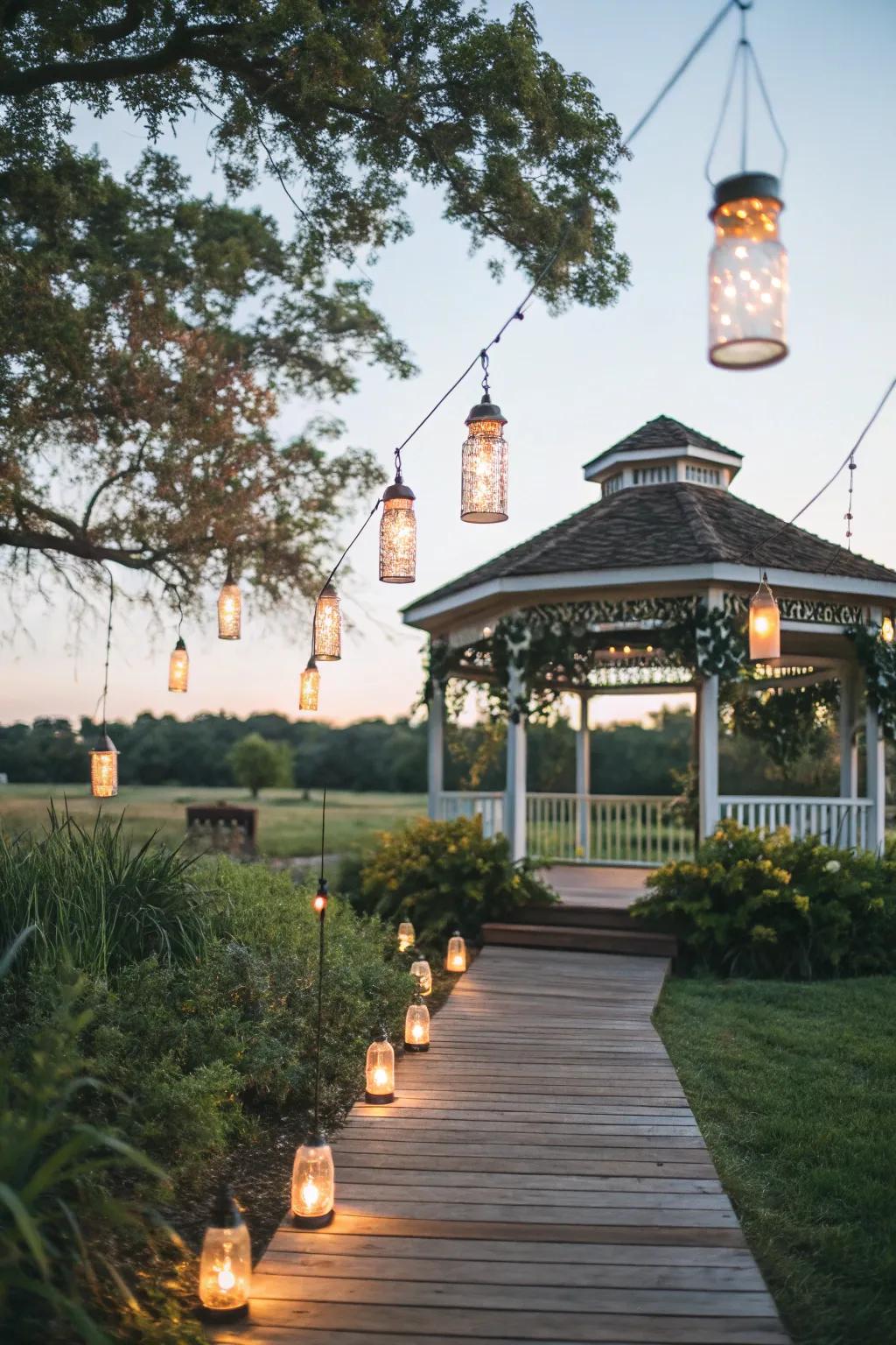 Glass container lights include rustic charm to your gazebo.