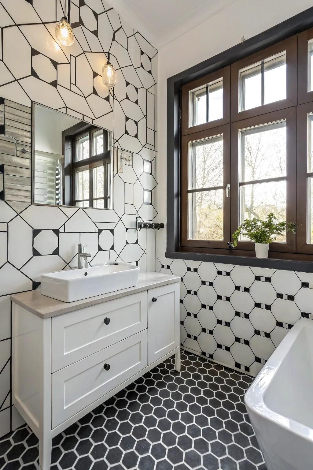 Realize a vintage atmosphere through retro hexagon tiles.