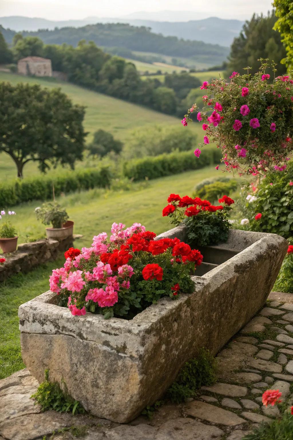 An ageless stone box brimming with blossoming sunbeam blooms nestled within a verdant garden.