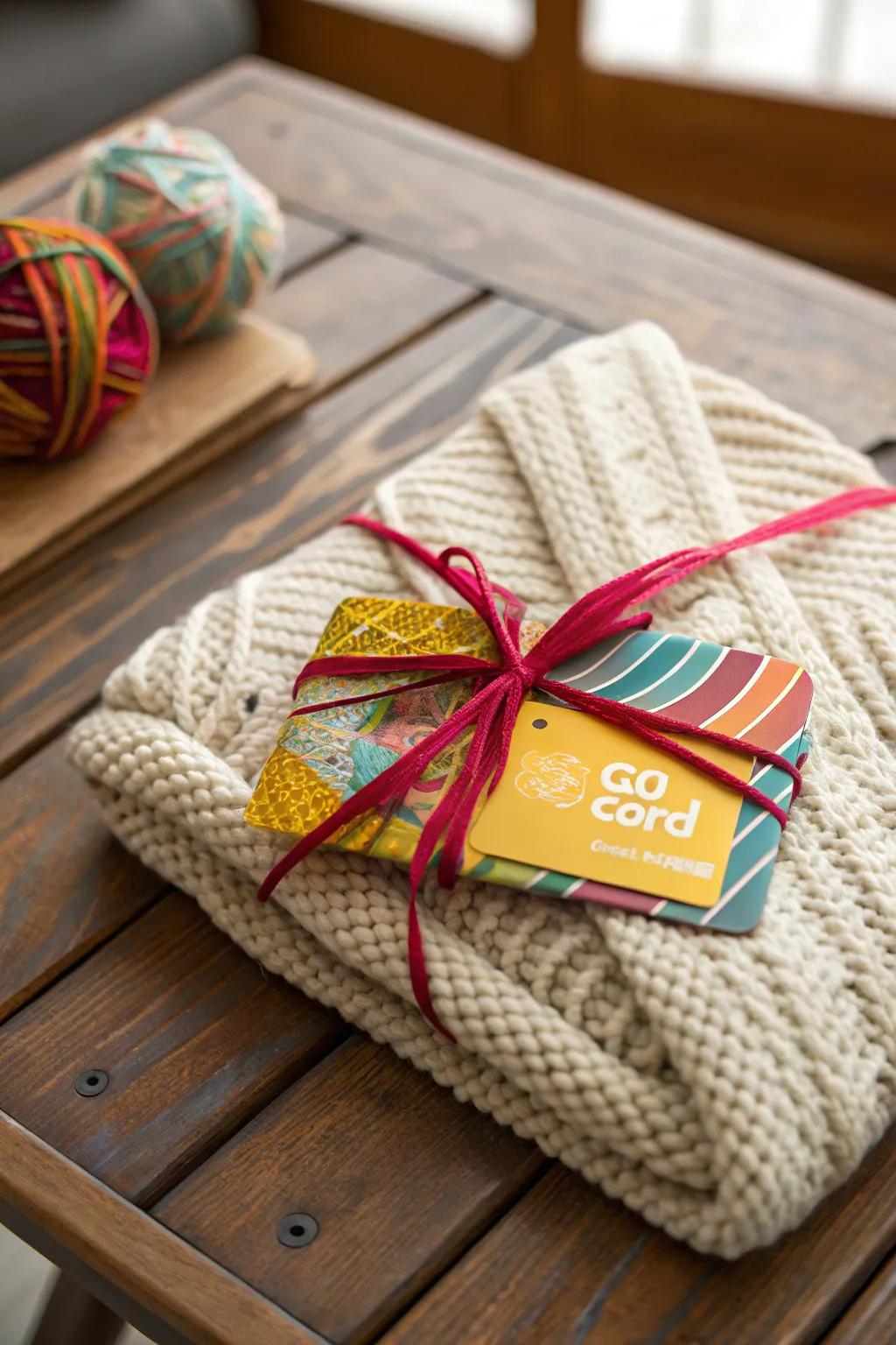Yarn-wrapped gift cards add a cozy, handmade touch.