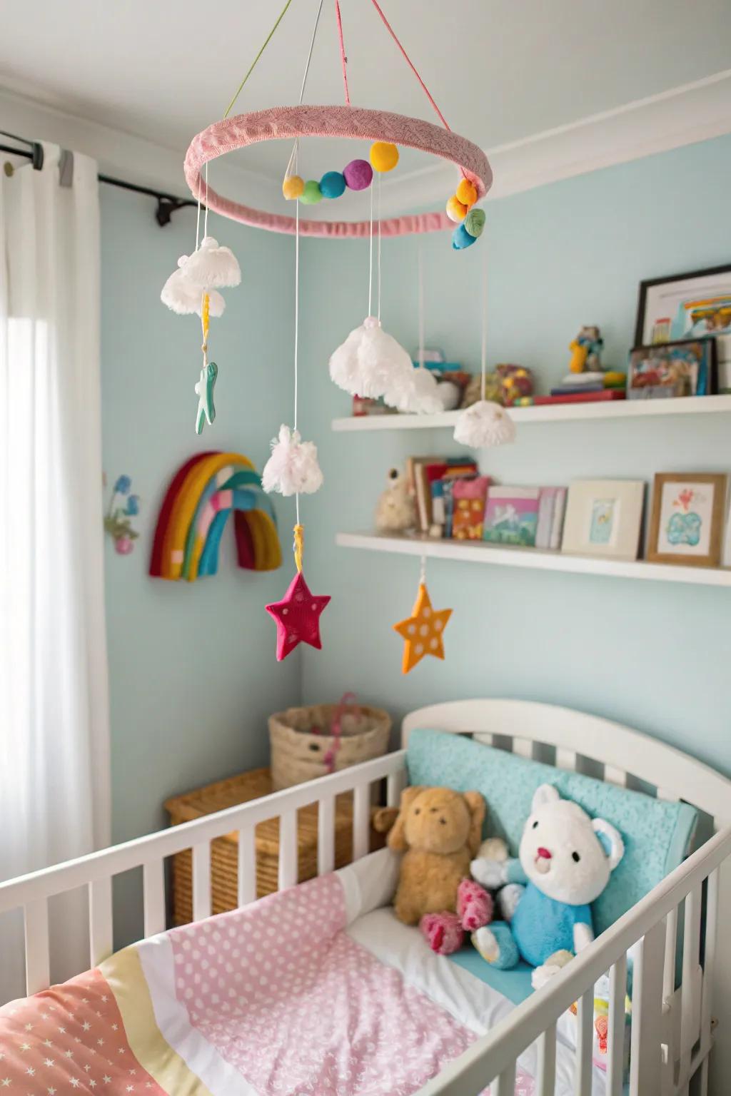 A mobile above captivates and soothes your baby.