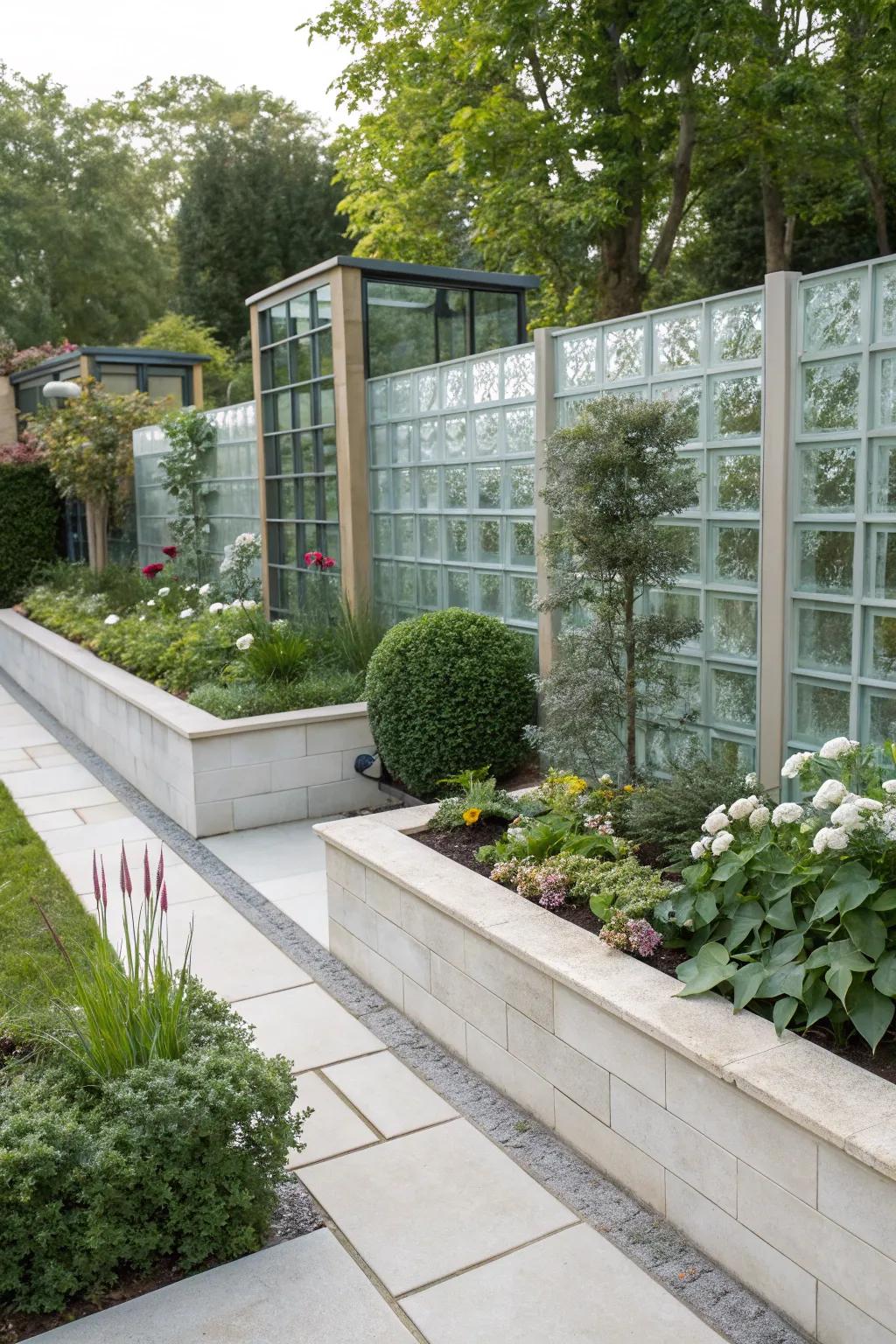 A garden featuring glass block borders, adding a modern and light-catching element to the landscape.