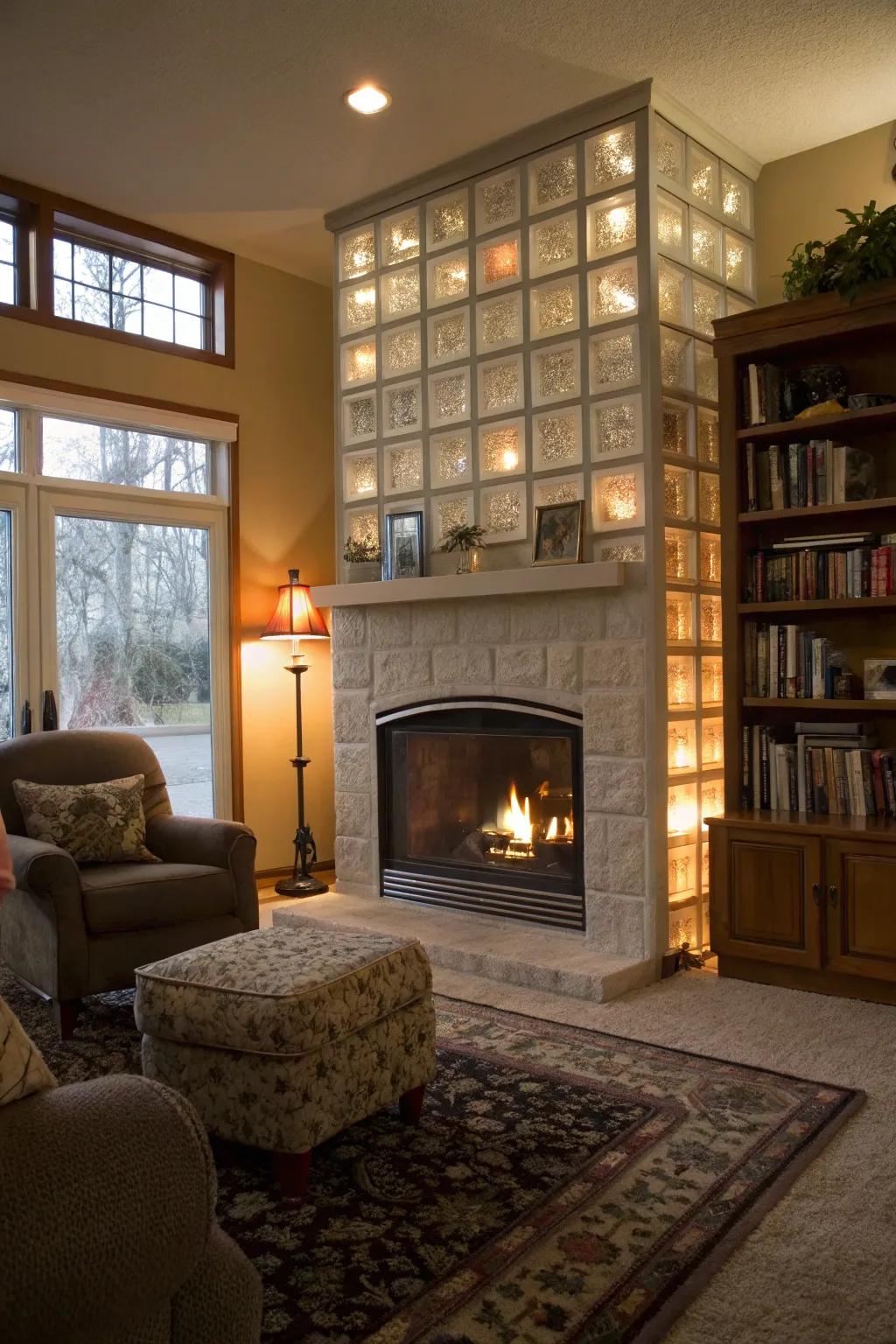 A fireplace highlighting a modern glass tile surrounding.