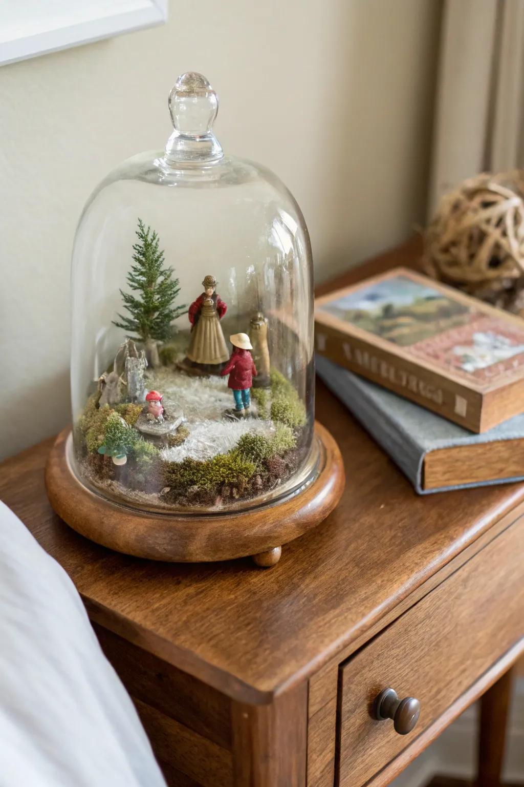 A petite scenery featuring statuettes forges a storytelling exhibit beneath a glass cover.