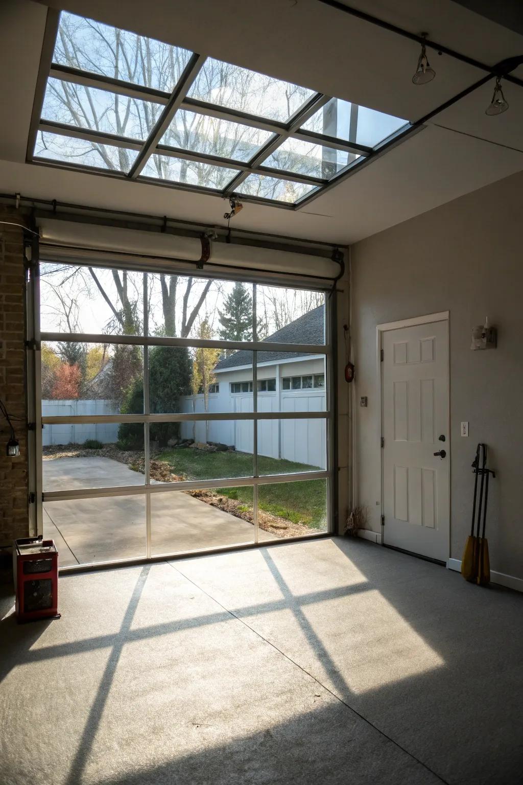 A basement transformed by the natural light of a glass overhead door.