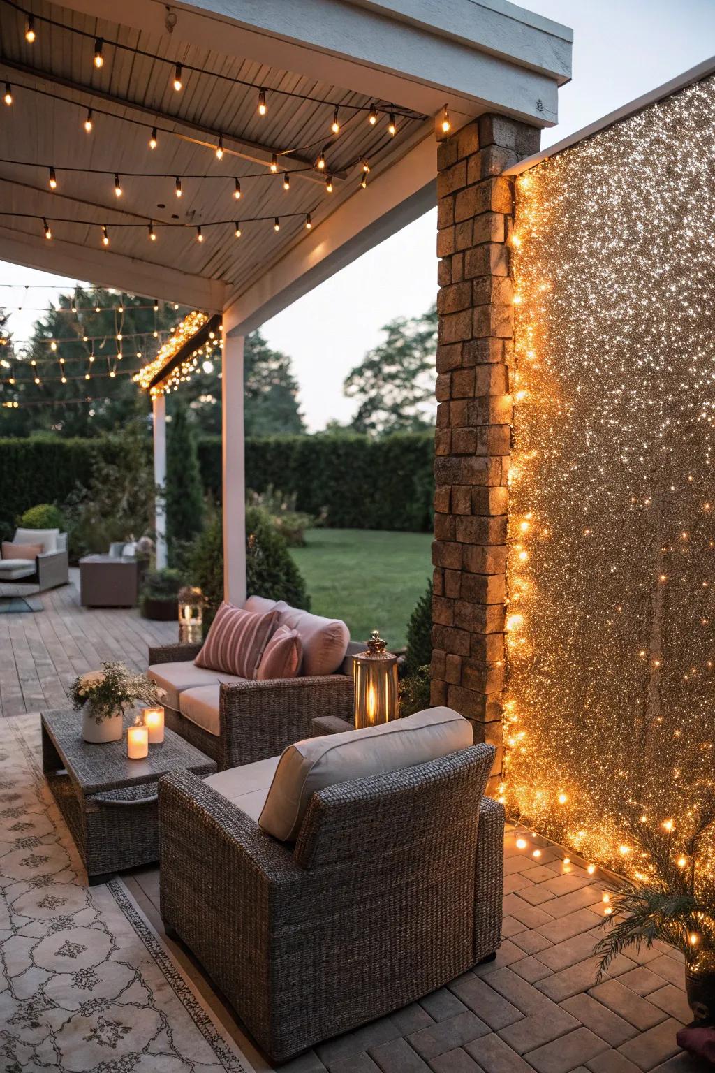A shimmering feature wall adds glow to an outdoor patio.