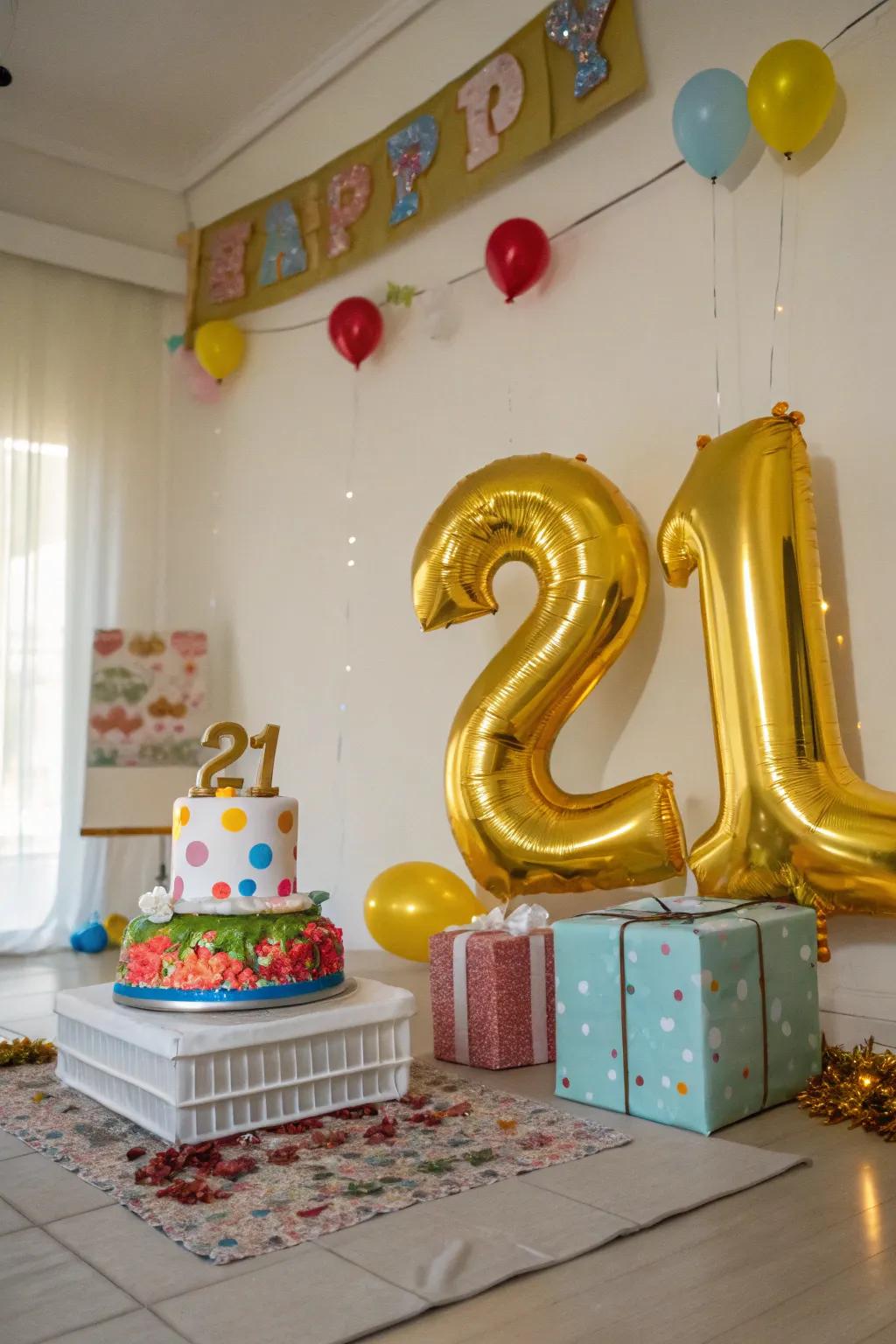 Oversized gold number balloons to highlight a special milestone.