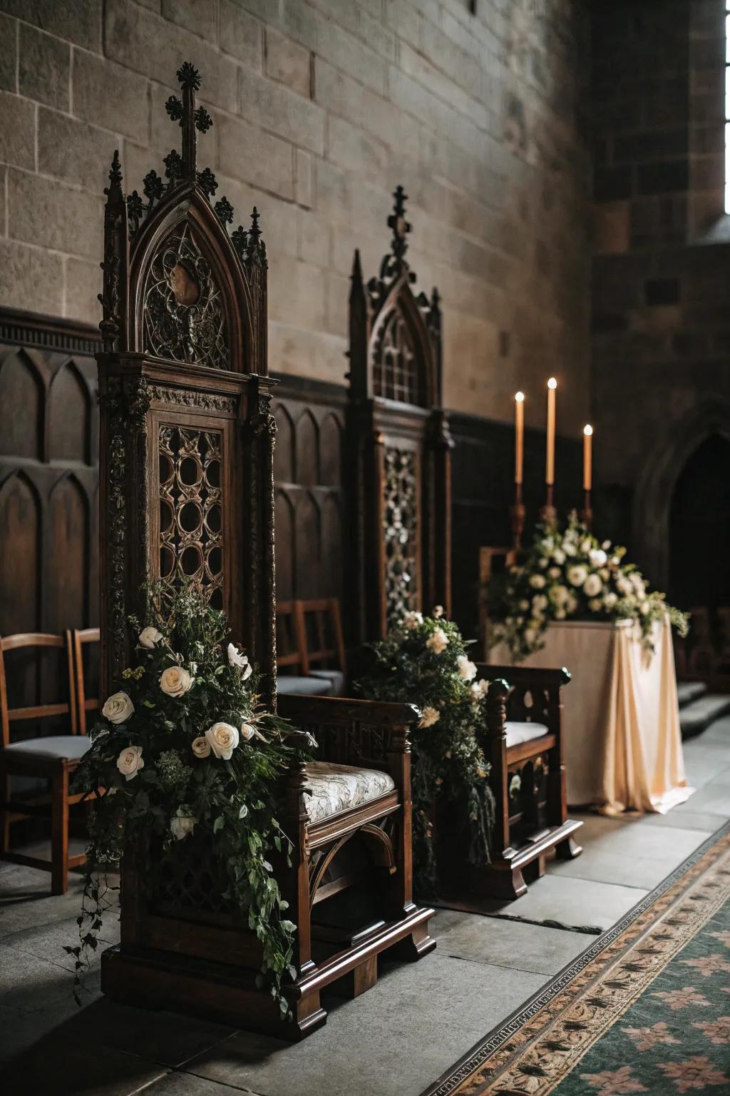 A gothic wedding seating design featuring vintage ornate chairs.