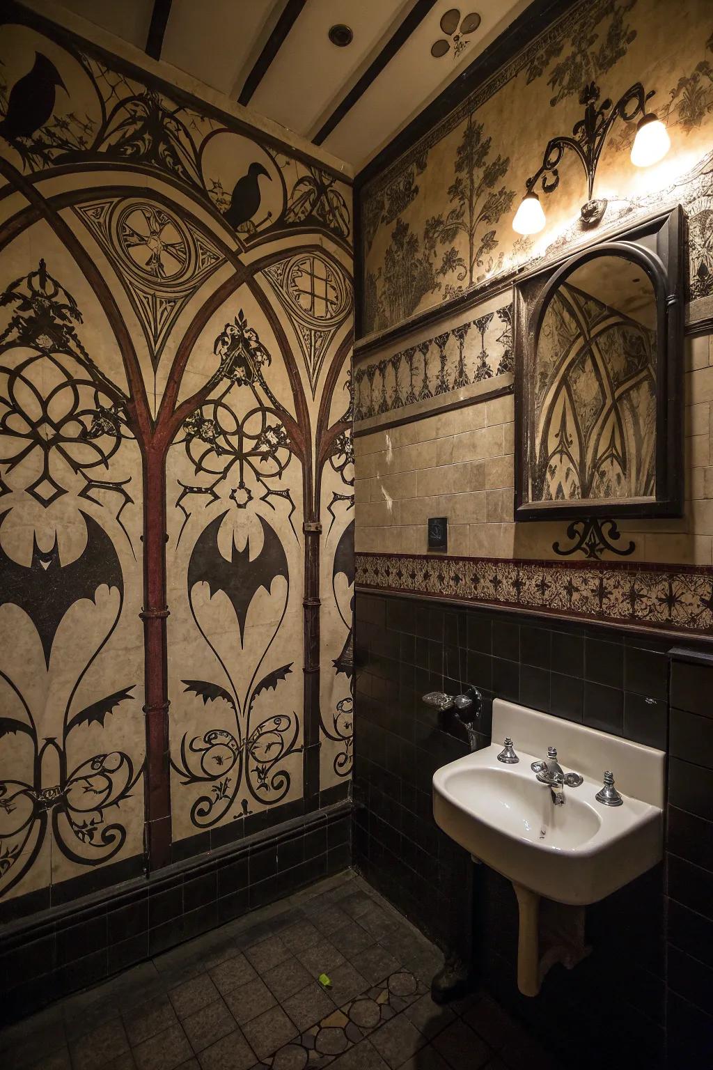 Gothic wall artwork contributes personality and intrigue to the area.