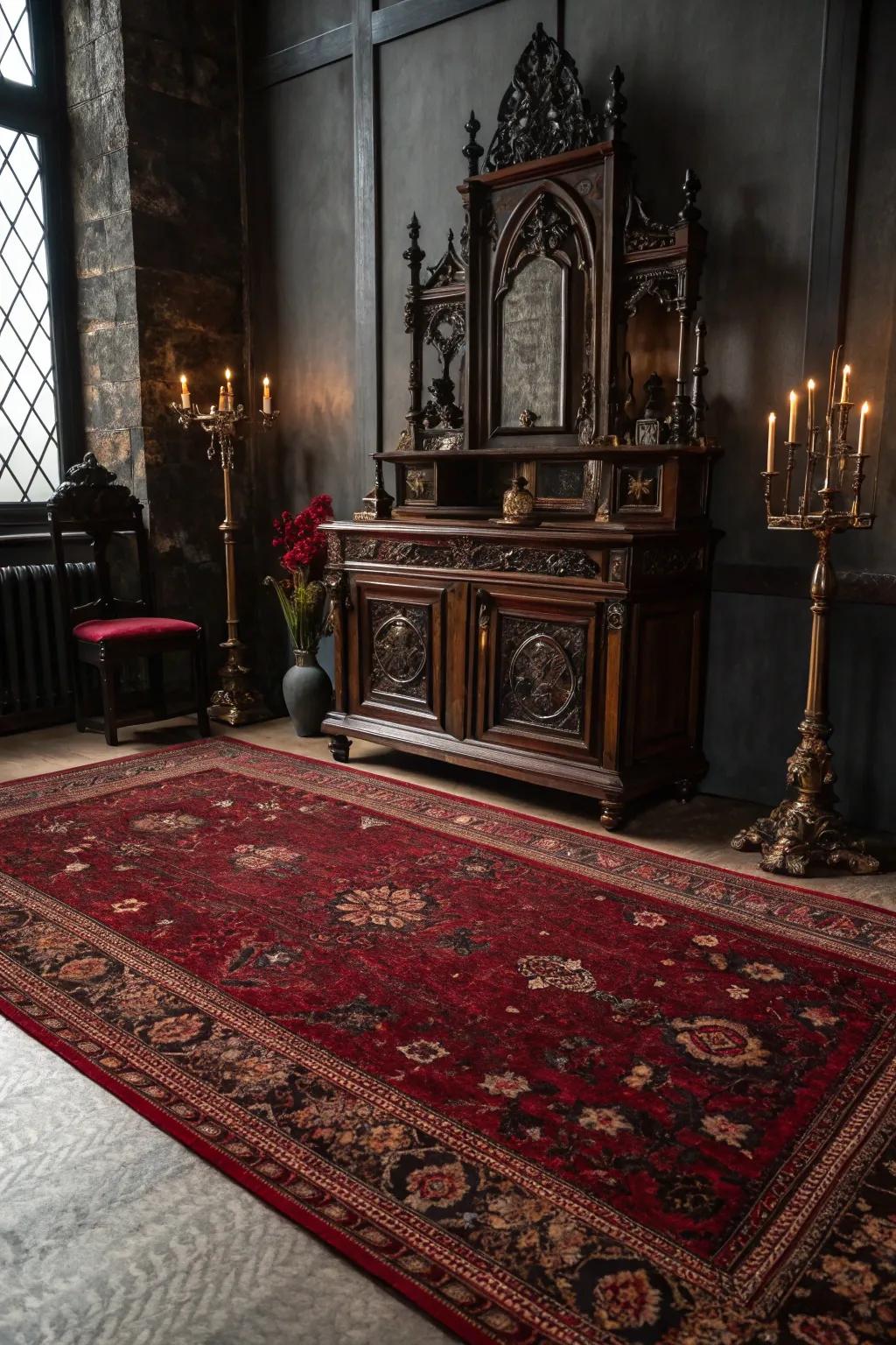 A rich floor covering incorporates coziness and completes the gothic impression.