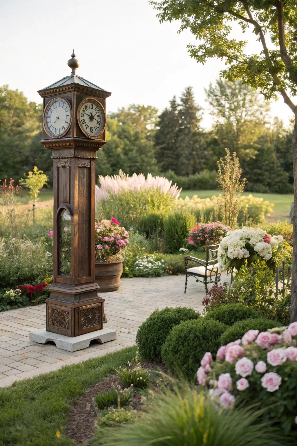 A pendulum timepiece adds a sense of fun and charm to an outdoor garden.